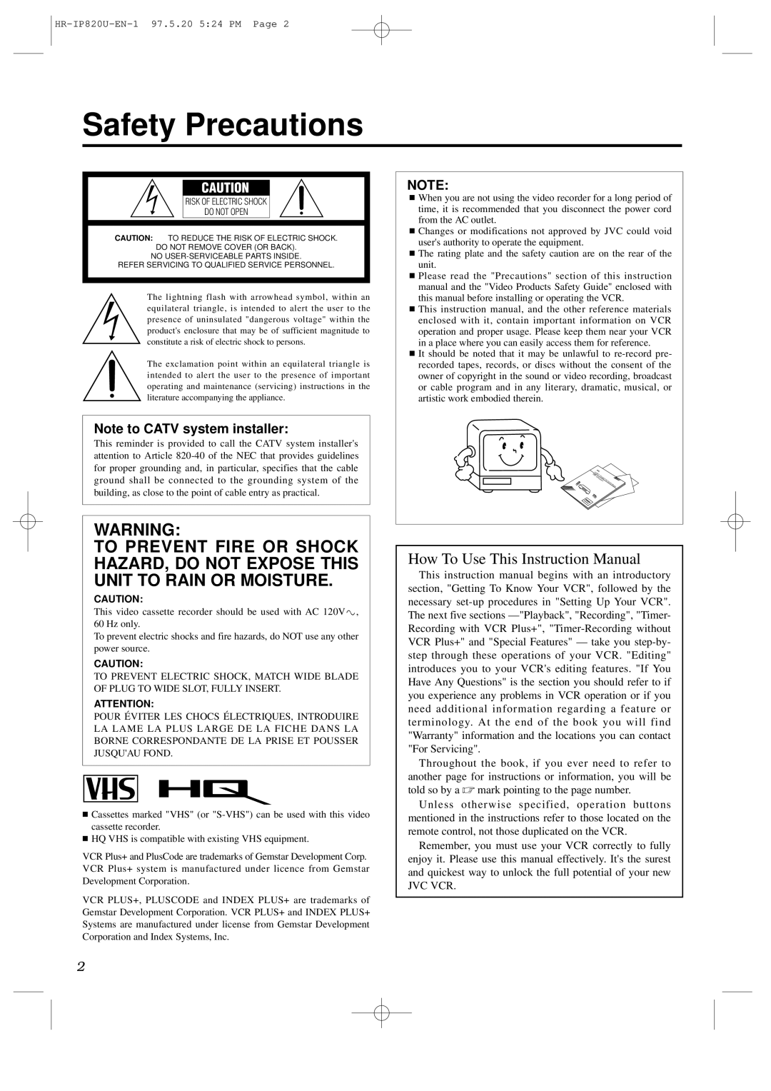 JVC HR-IP820U instruction manual Safety Precautions, Risk of Electric Shock Do not Open 