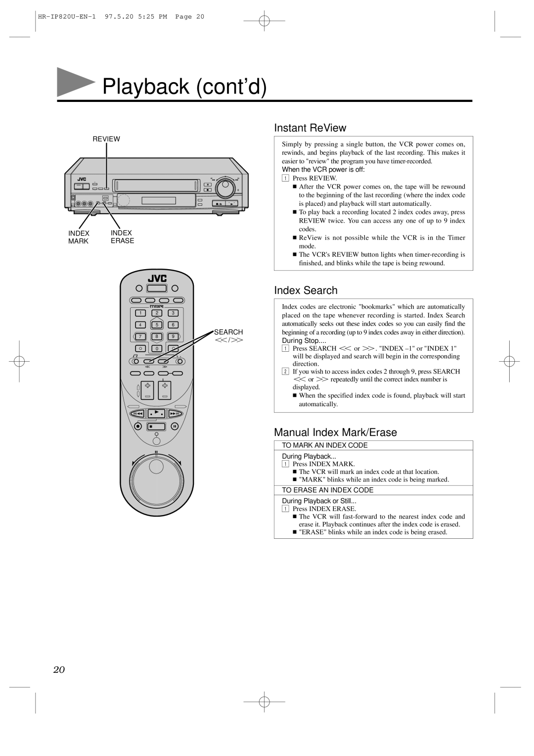 JVC HR-IP820U instruction manual Instant ReView, Index Search, Manual Index Mark/Erase 