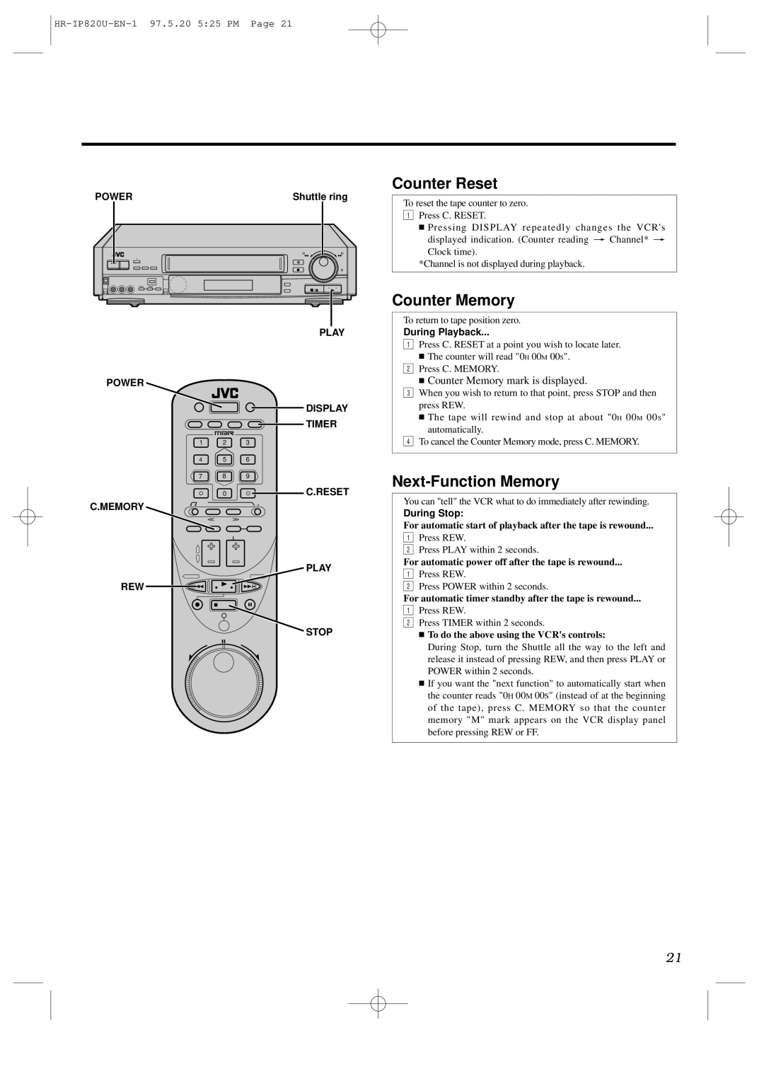 JVC HR-IP820U Counter Reset, Counter Memory, Next-Function Memory, Play Power Display Timer Reset Memory REW Stop 