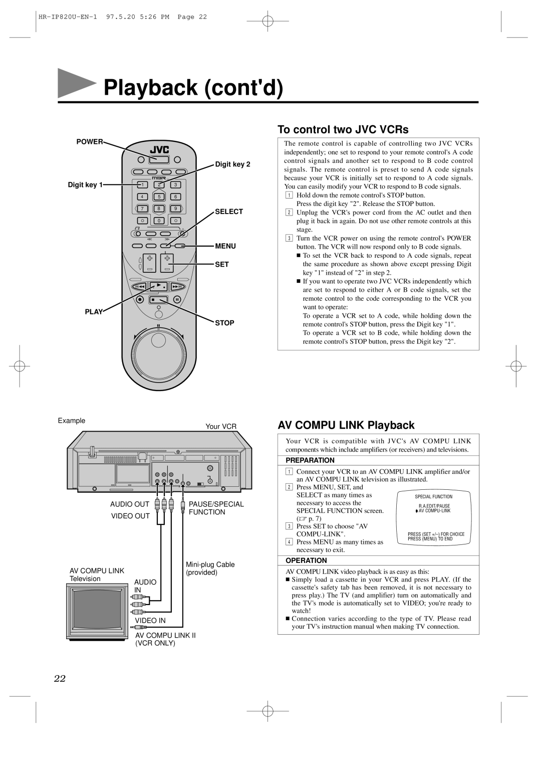 JVC HR-IP820U instruction manual To control two JVC VCRs, AV Compu Link Playback 