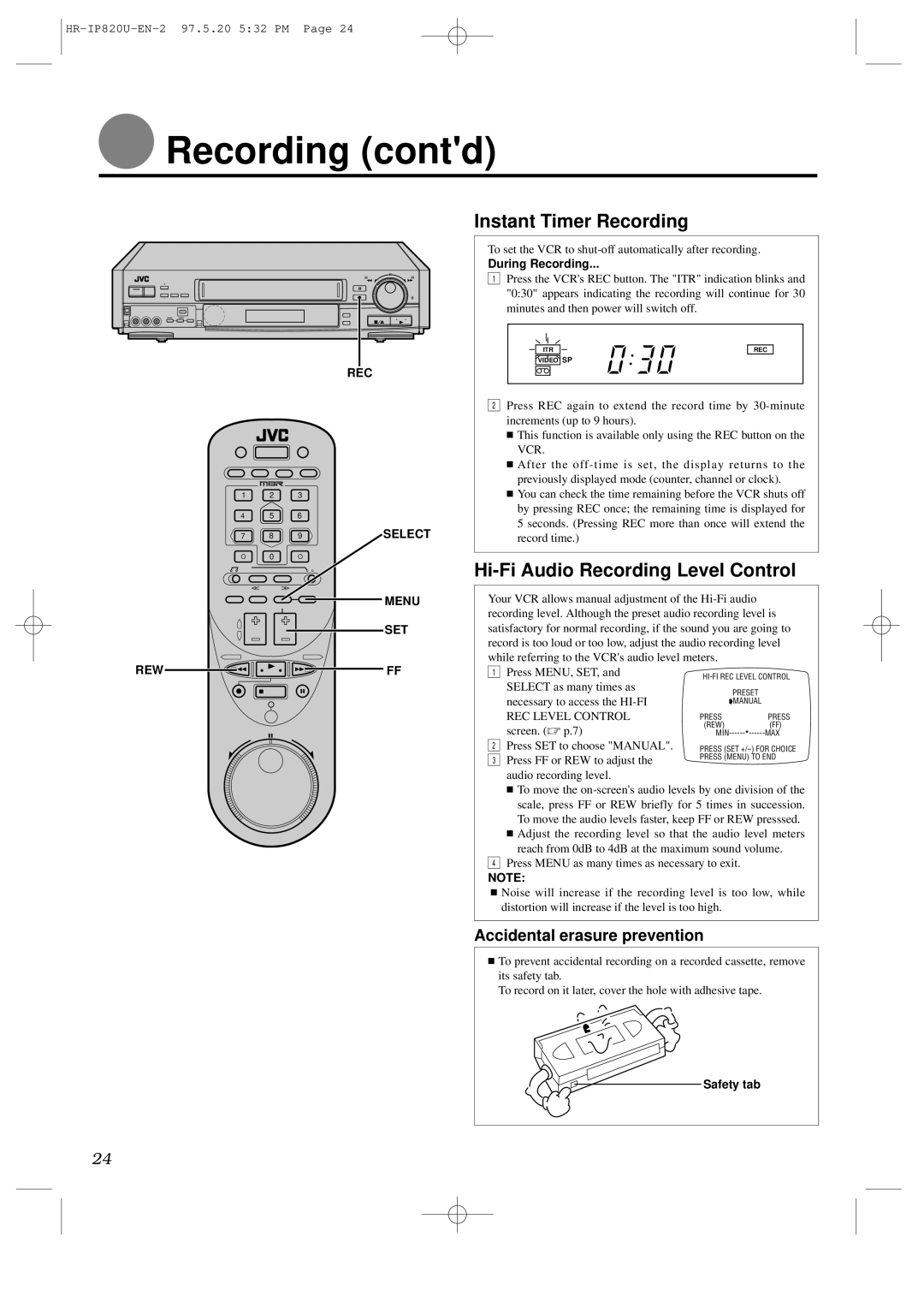 JVC HR-IP820U instruction manual Recording contd, Instant Timer Recording, Hi-Fi Audio Recording Level Control, Set 