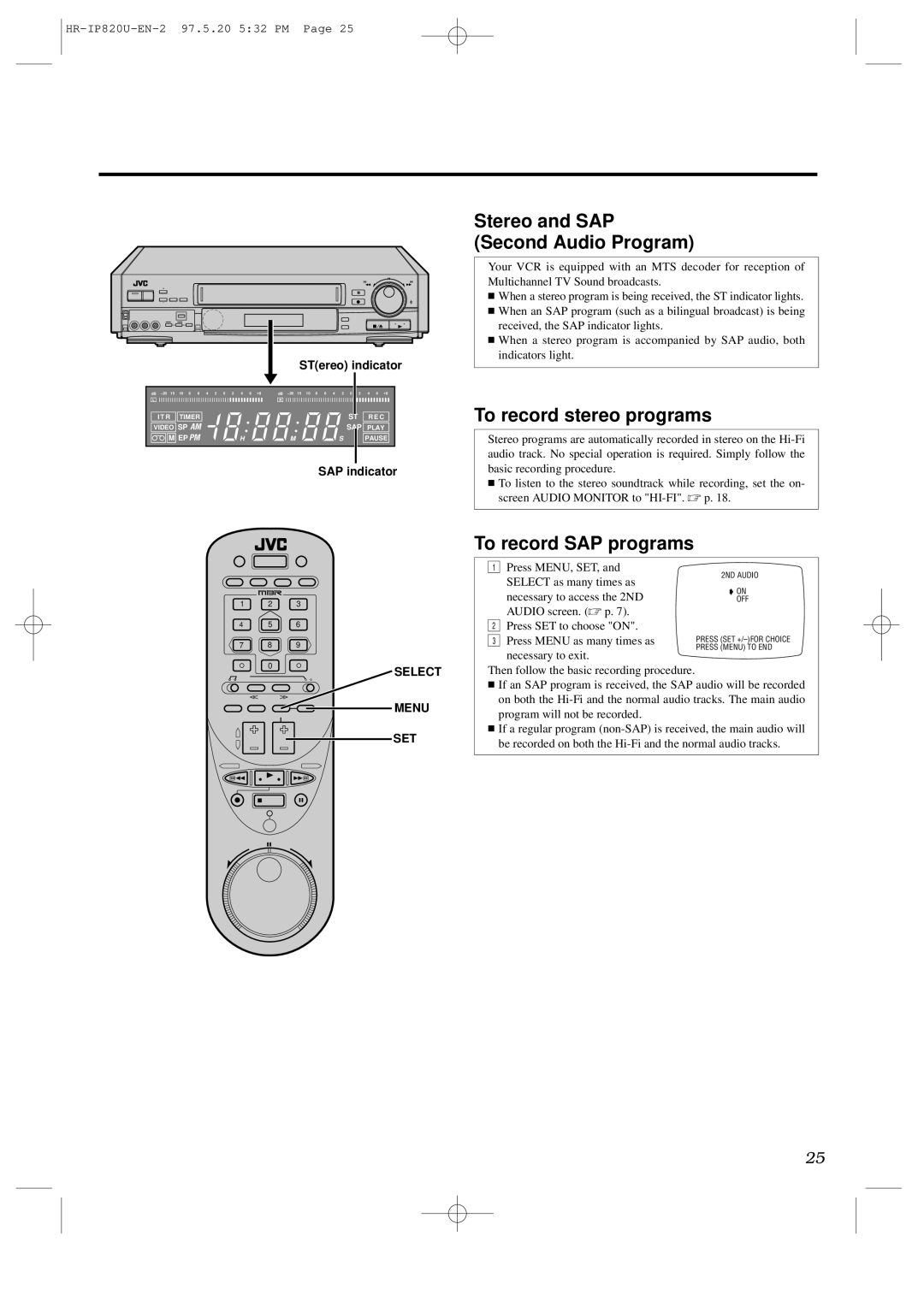 JVC HR-IP820U Stereo and SAP Second Audio Program, To record stereo programs, To record SAP programs, STereo indicator 