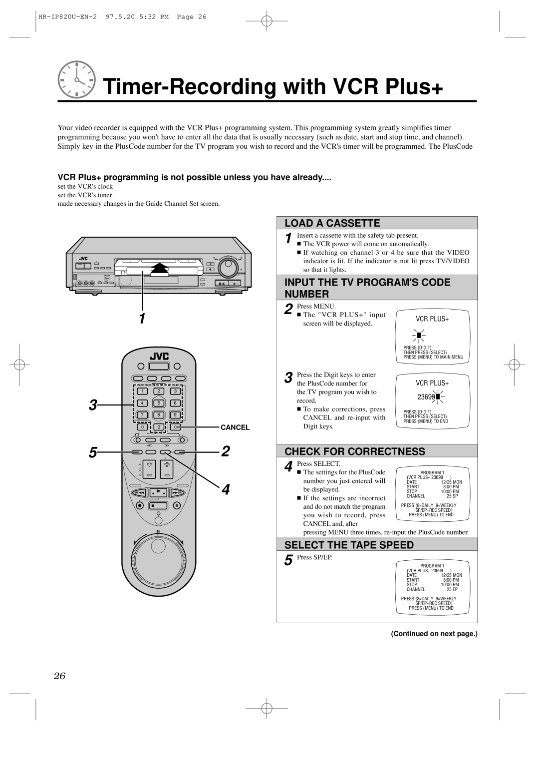 JVC HR-IP820U Timer-Recording with VCR Plus+, Input the TV Programs Code Number, Check for Correctness, Cancel 