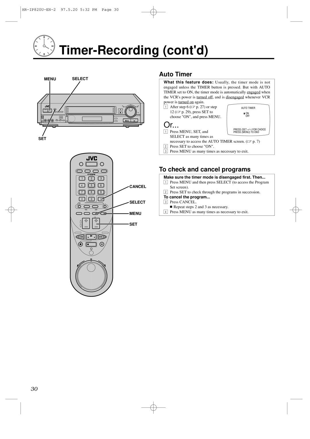 JVC HR-IP820U Timer-Recording contd, Auto Timer, To check and cancel programs, Menu Select, Cancel Select Menu SET 