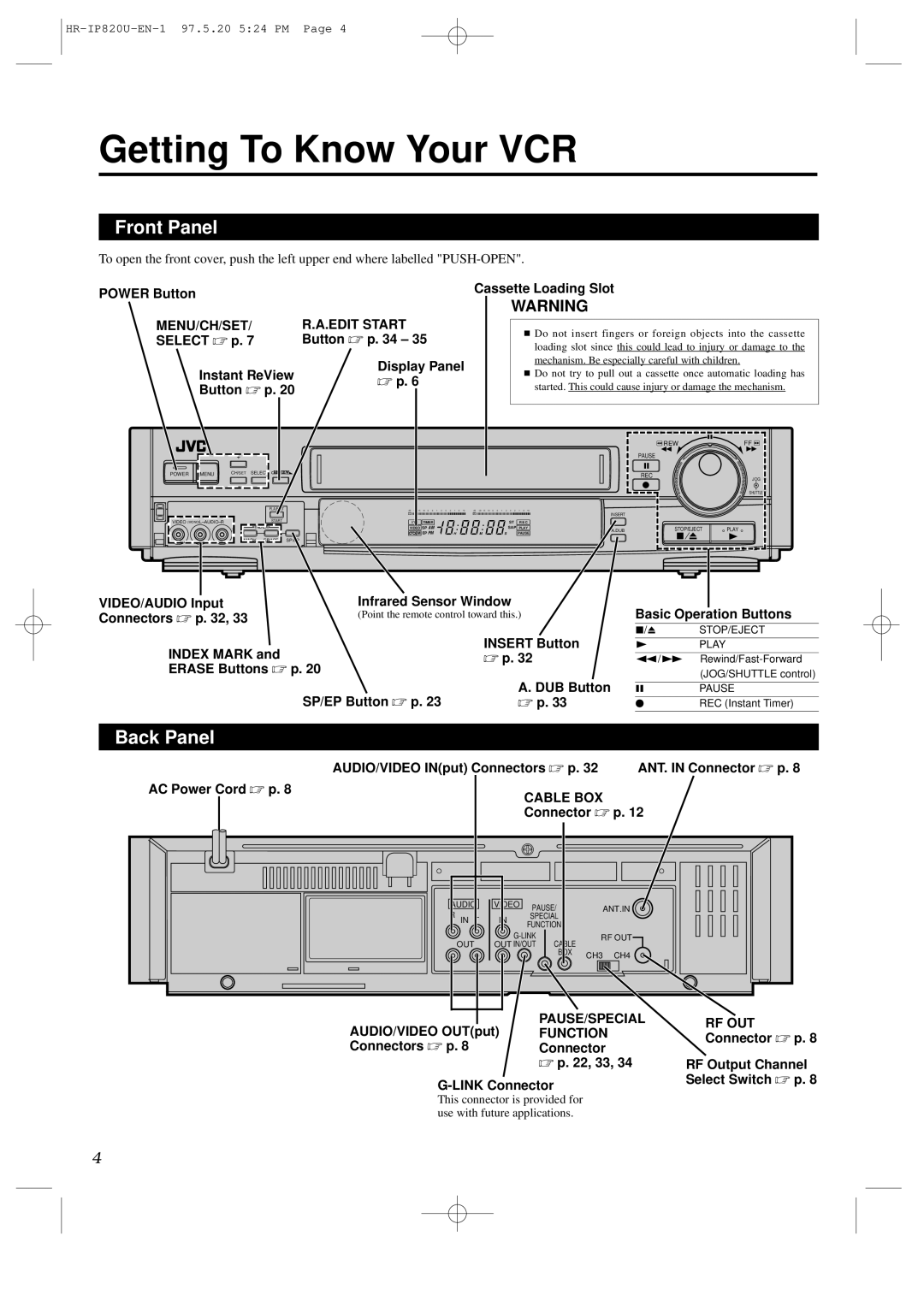 JVC HR-IP820U instruction manual Getting To Know Your VCR, Front Panel, Back Panel 