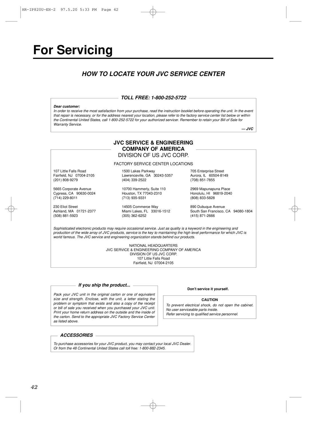 JVC HR-IP820U instruction manual For Servicing, HOW to Locate Your JVC Service Center 