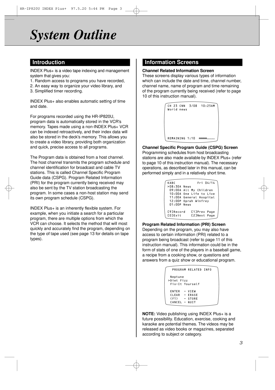 JVC HR-IP820U instruction manual System Outline, Introduction, Information Screens 