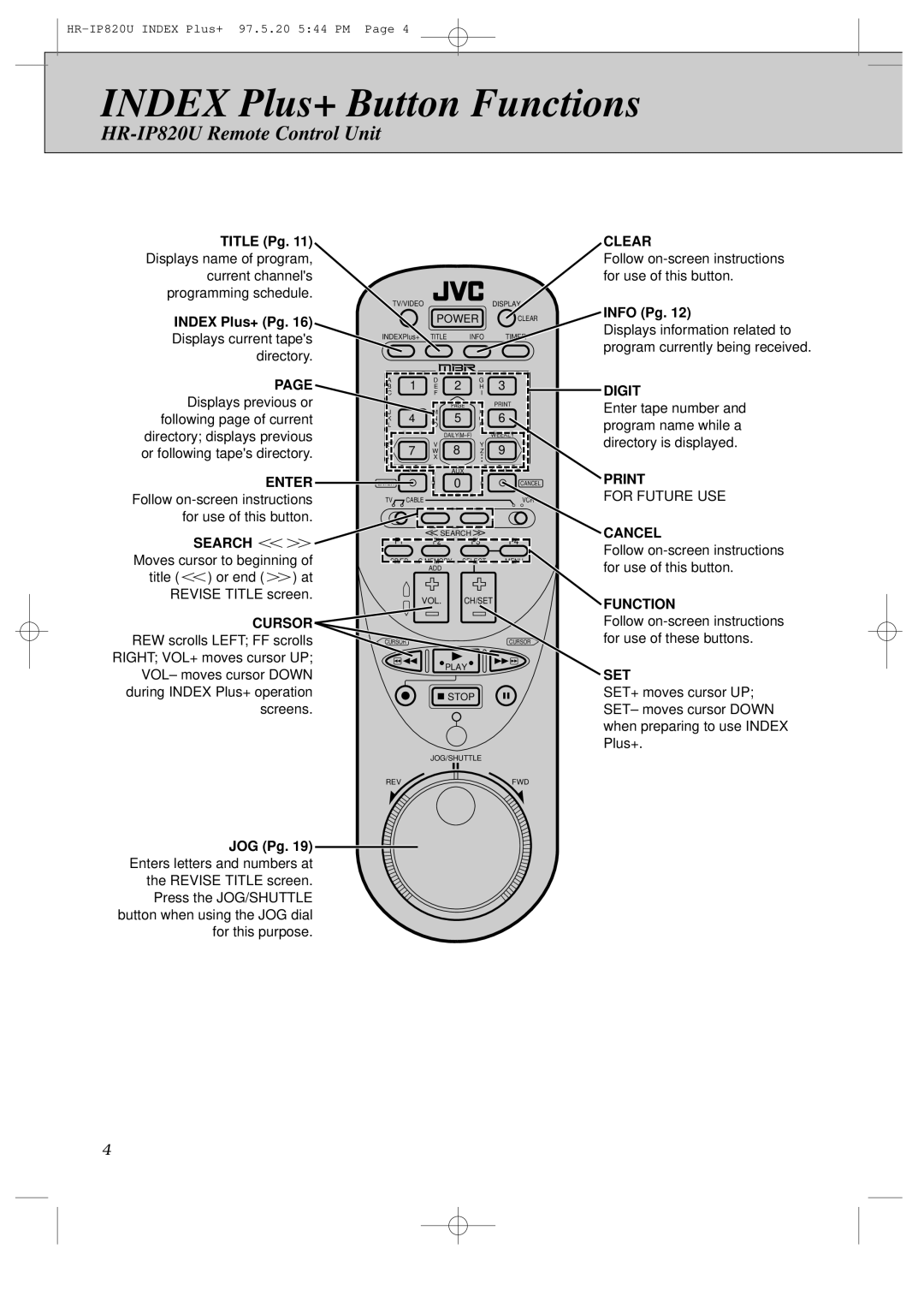 JVC HR-IP820U instruction manual Index Plus+ Button Functions 