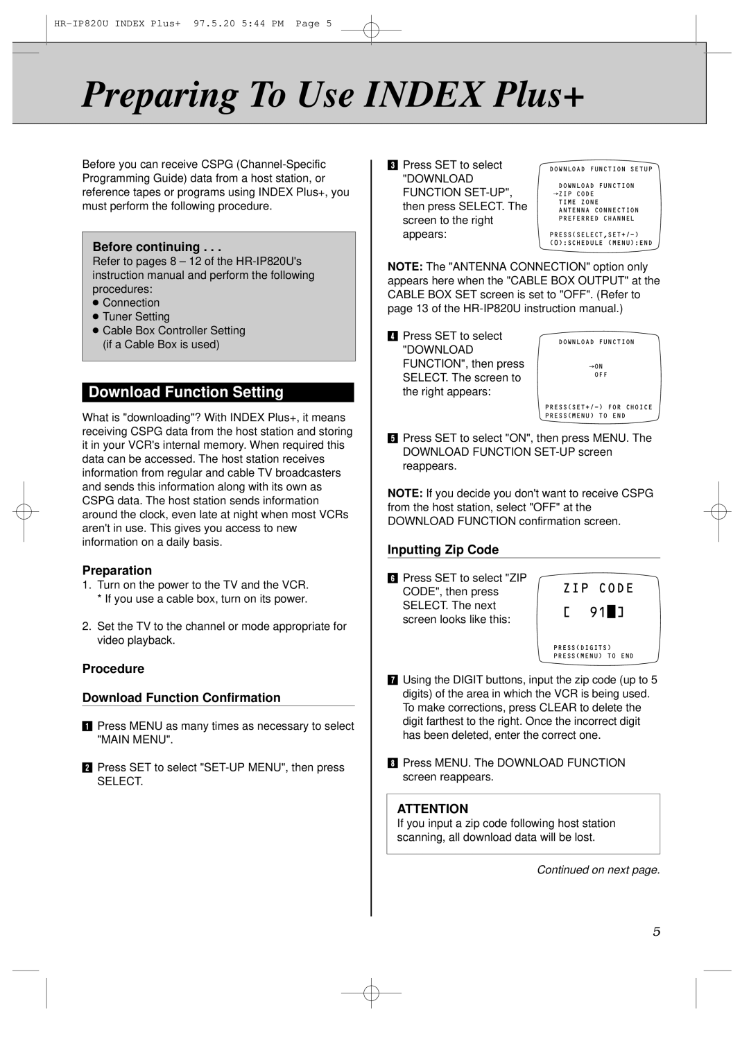 JVC HR-IP820U instruction manual Preparing To Use Index Plus+, Download Function Setting 