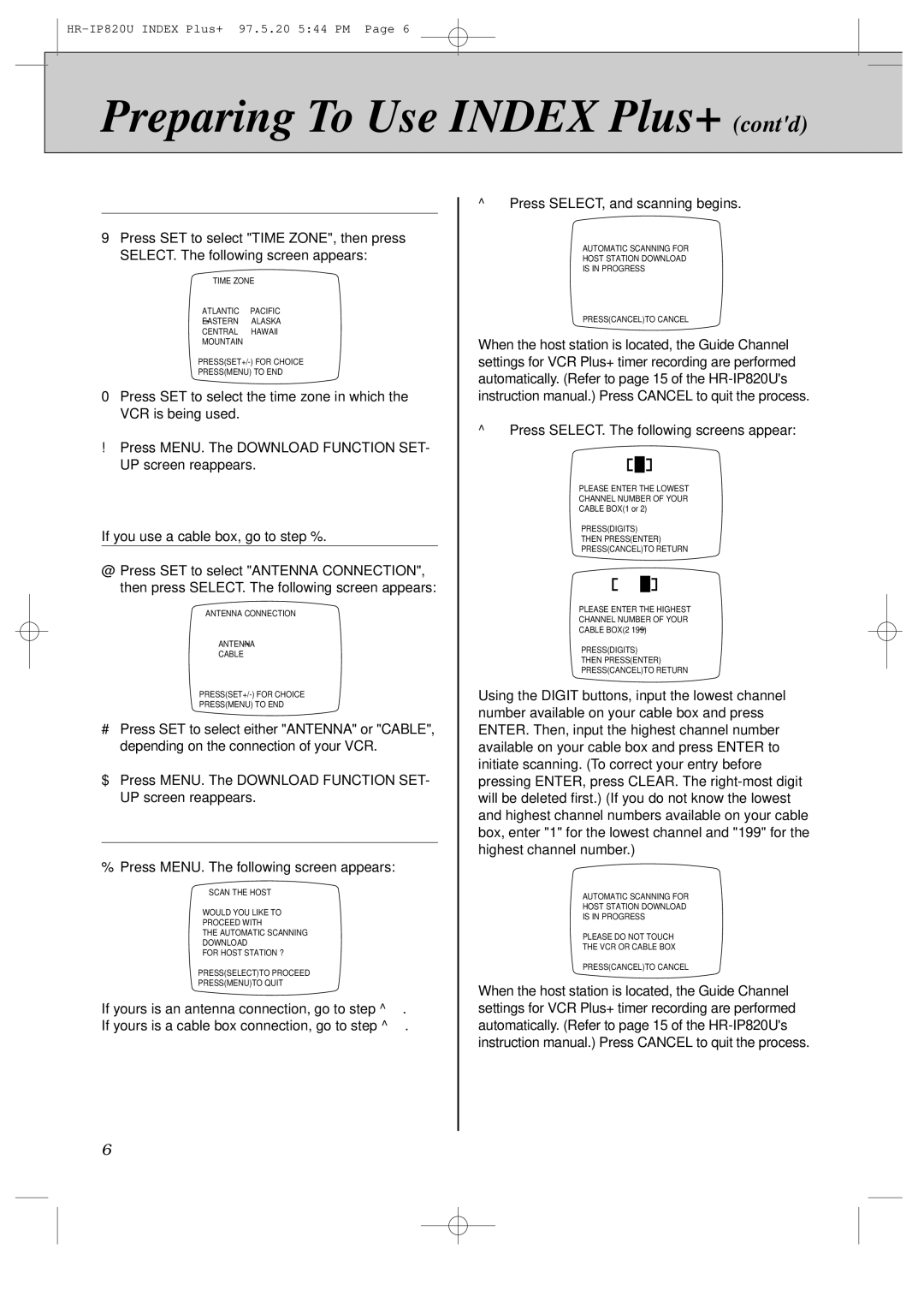 JVC HR-IP820U instruction manual Preparing To Use Index Plus+ contd, Setting Time Zone, Host Station Download Scanning 