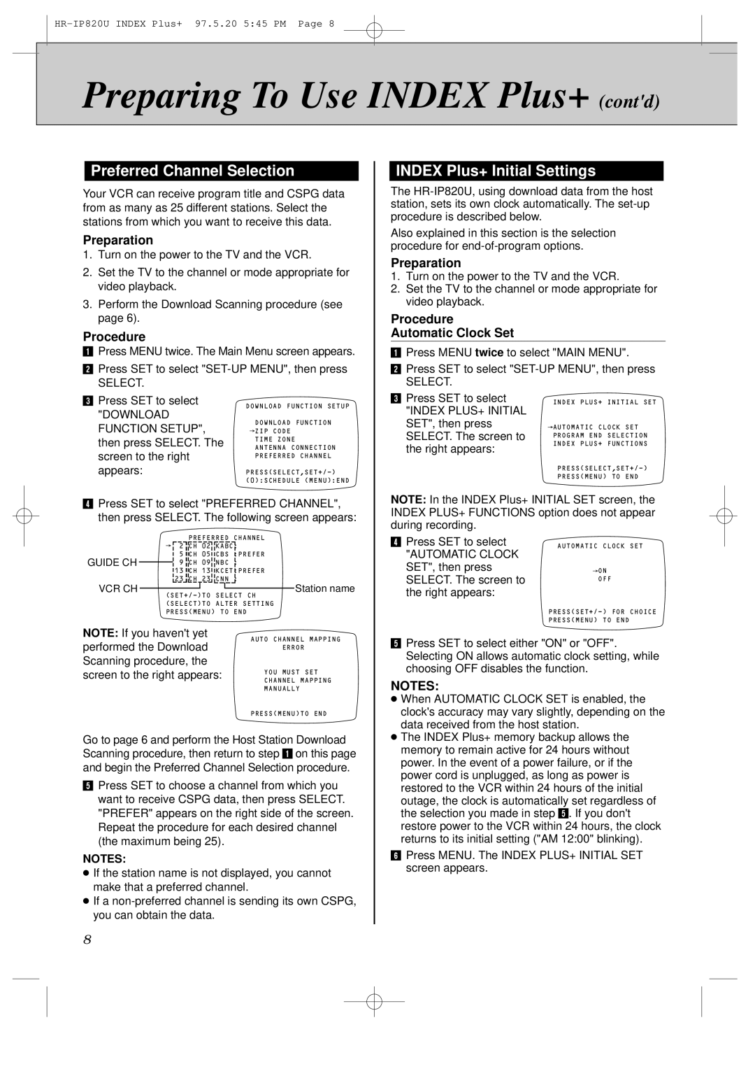 JVC HR-IP820U Preferred Channel Selection, Index Plus+ Initial Settings, Procedure Automatic Clock Set 