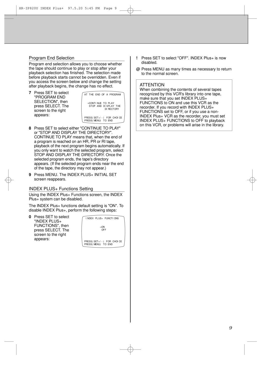 JVC HR-IP820U instruction manual Program End Selection, Index PLUS+ Functions Setting 