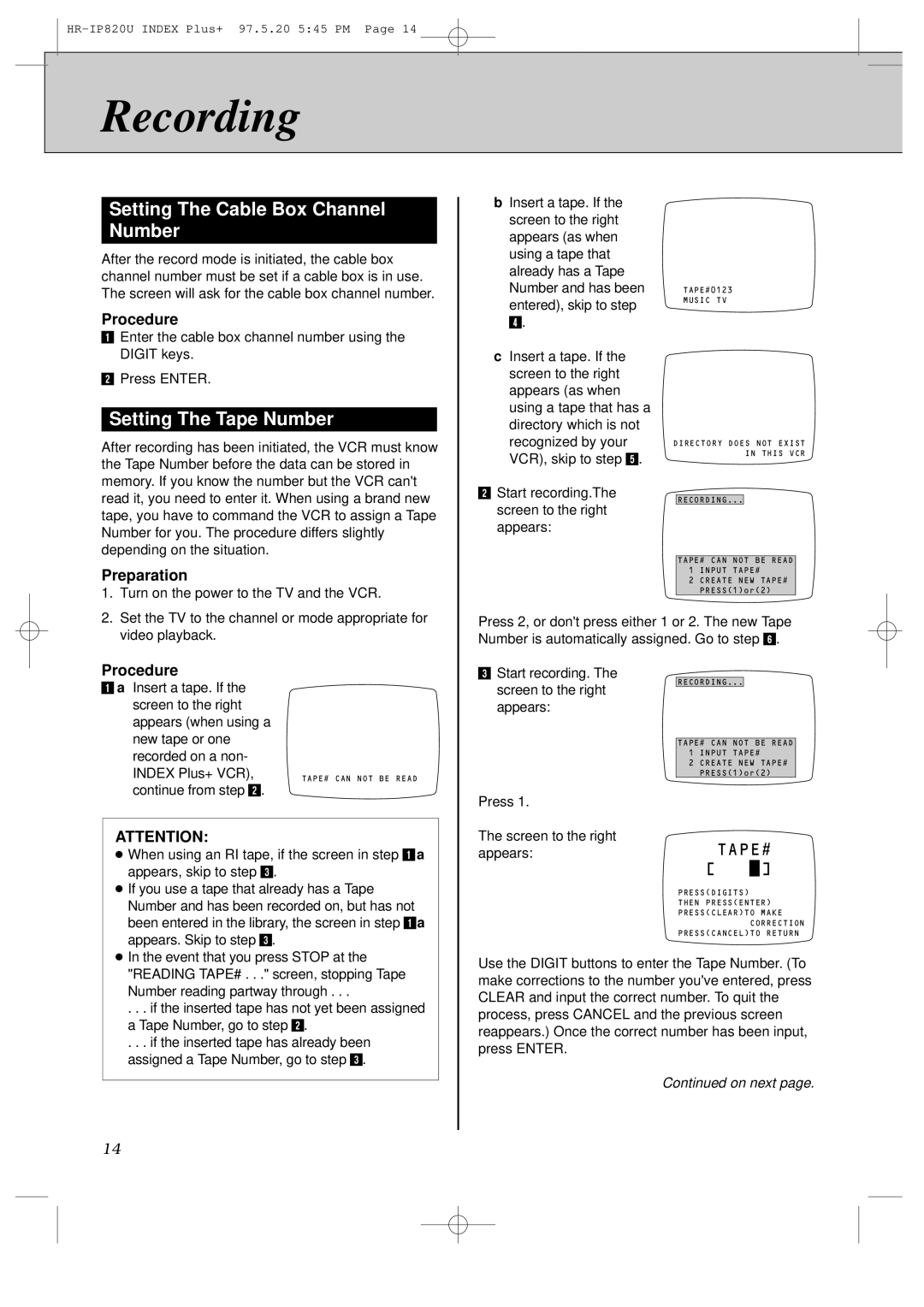 JVC HR-IP820U instruction manual Recording, Setting The Cable Box Channel Number, Setting The Tape Number 