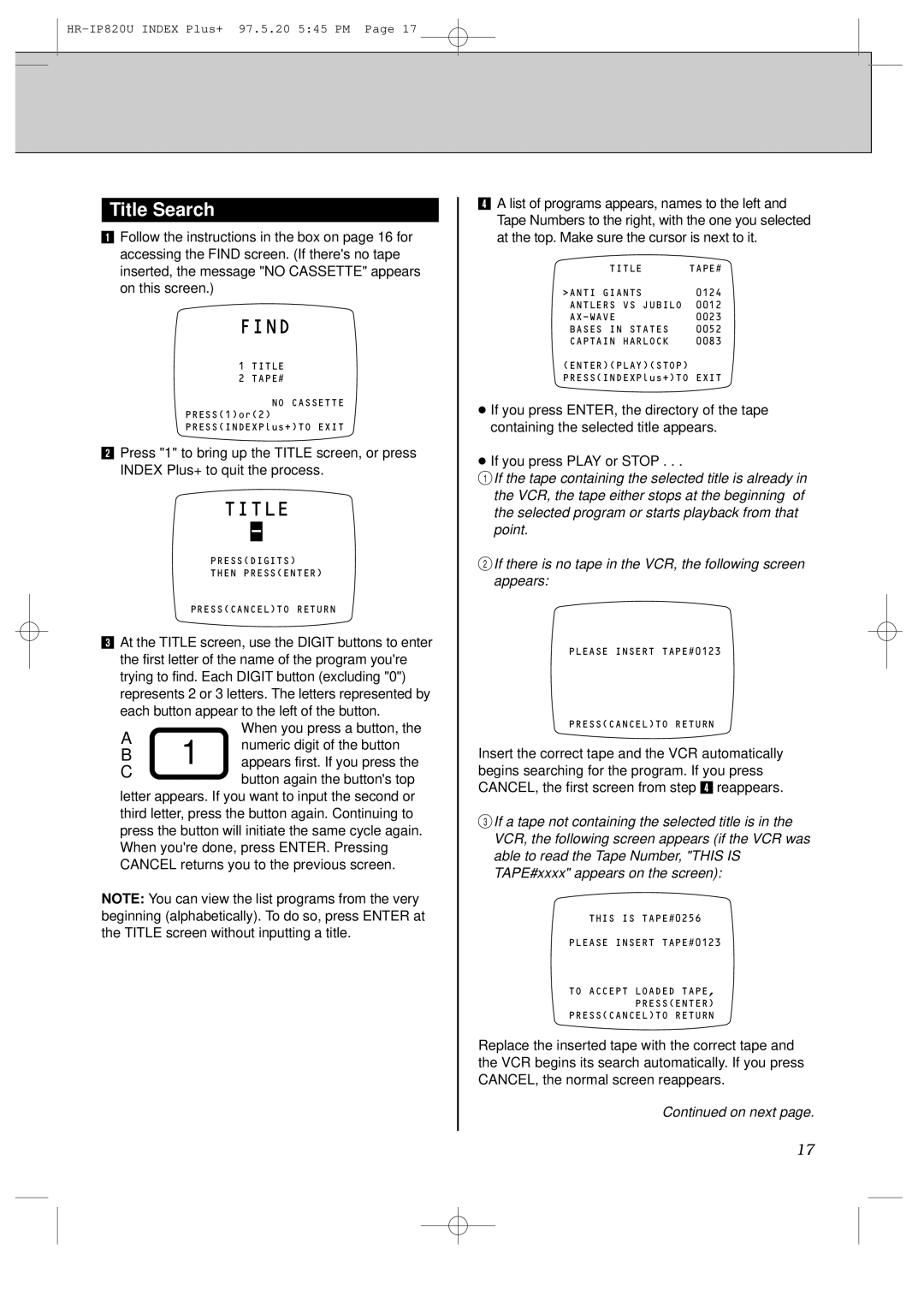 JVC HR-IP820U instruction manual Title Search, Each button appear to the left of the button, Numeric digit of the button 