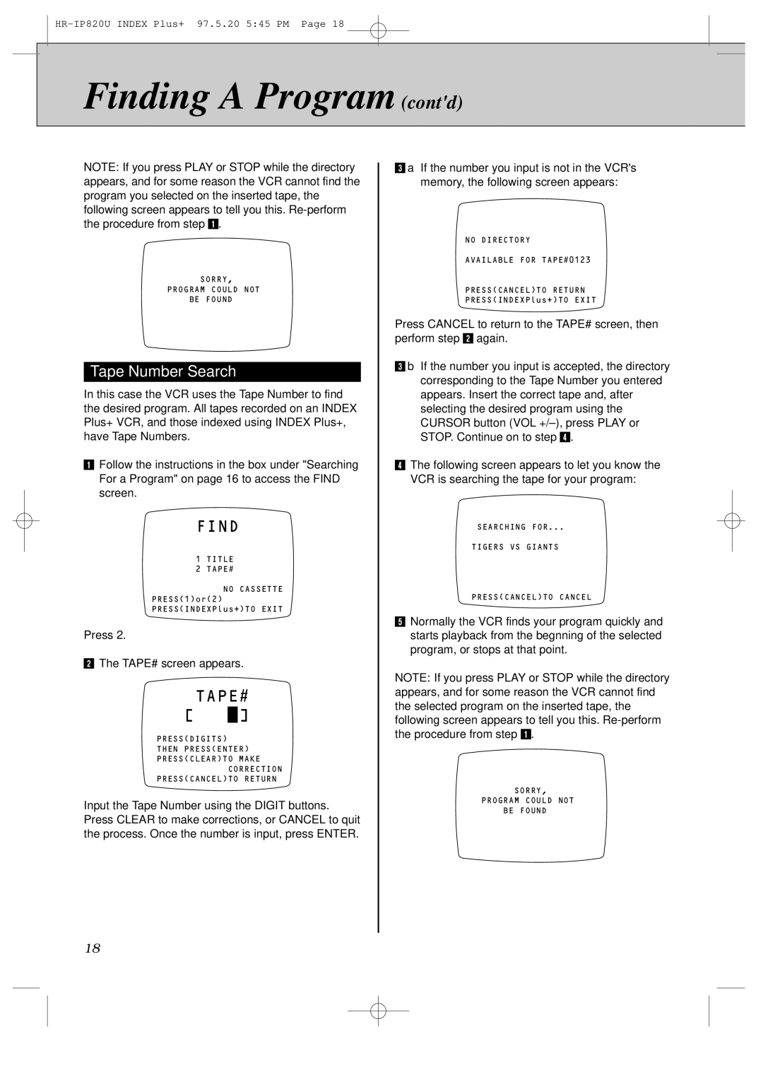 JVC HR-IP820U instruction manual Finding a Program contd, Tape Number Search, Press TAPE# screen appears 