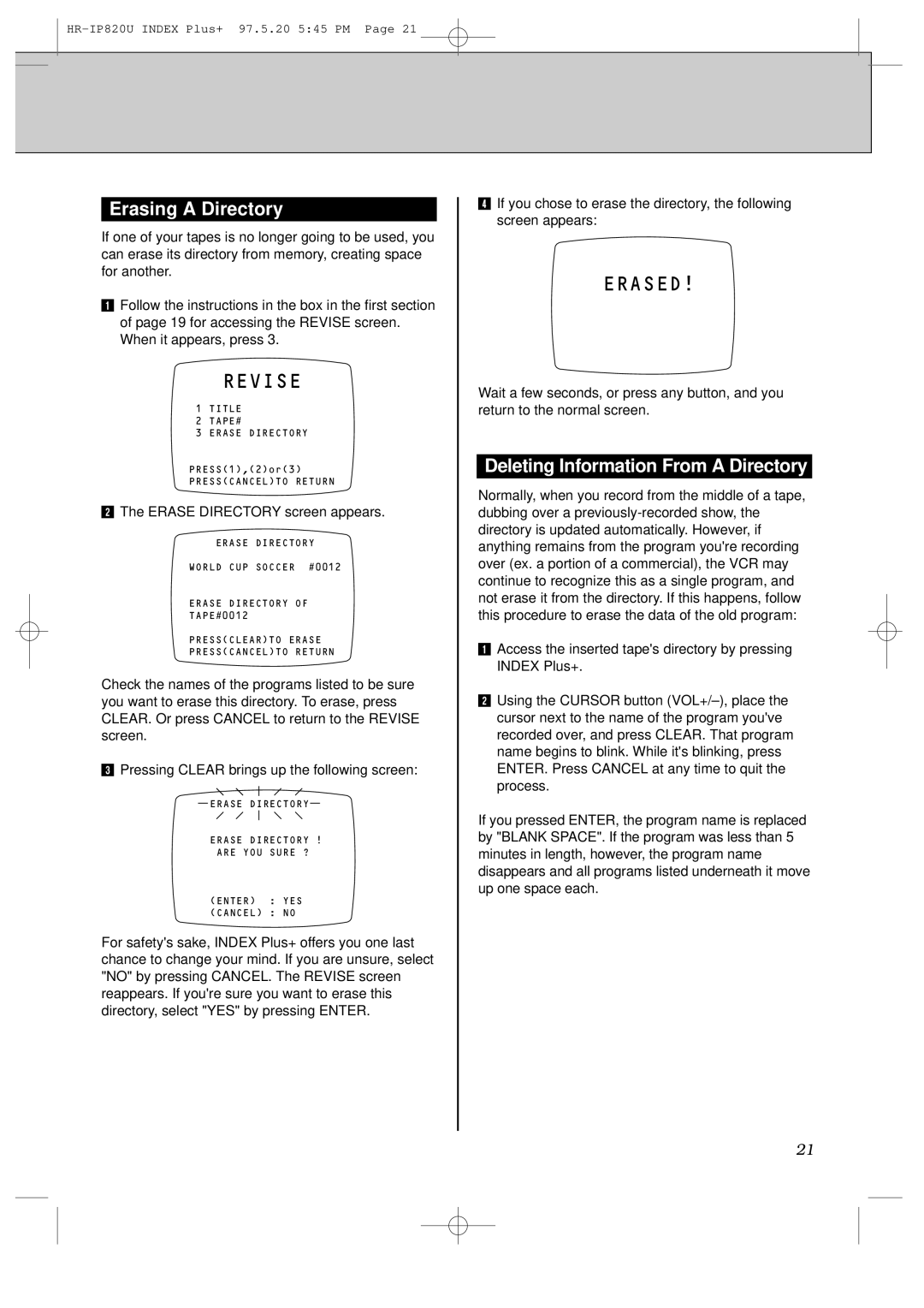 JVC HR-IP820U instruction manual Erasing a Directory, Deleting Information From a Directory, Erase Directory screen appears 