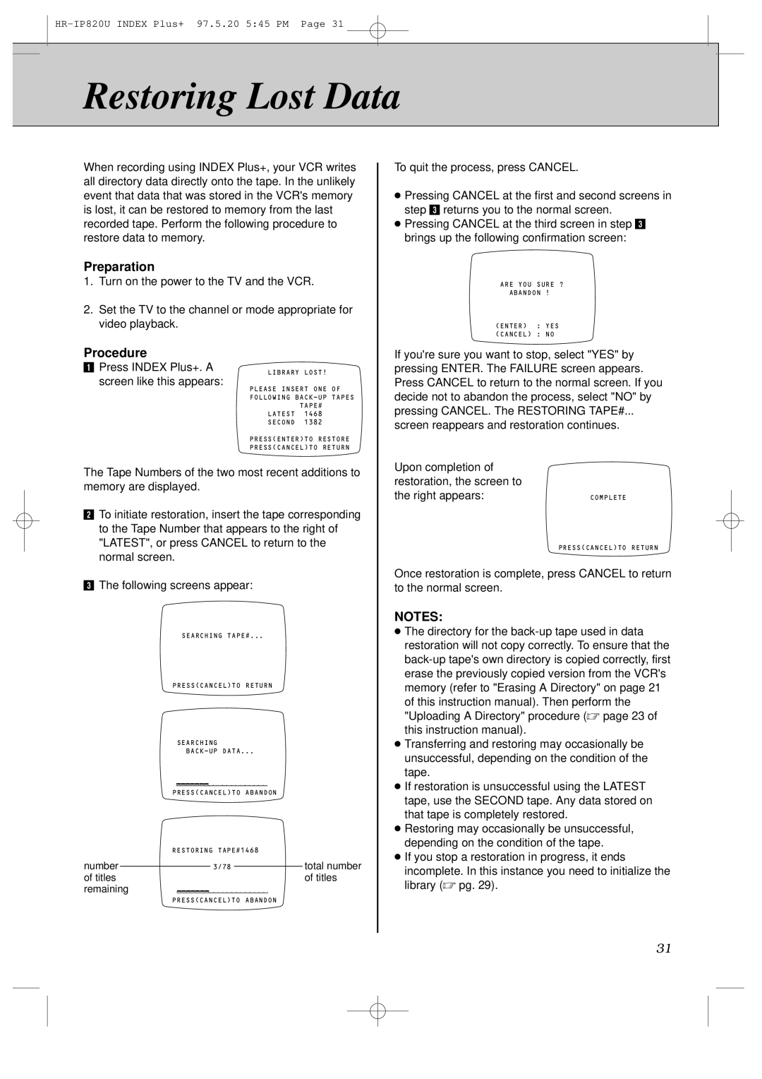 JVC HR-IP820U instruction manual Restoring Lost Data, Press Index Plus+. a, Screen like this appears 