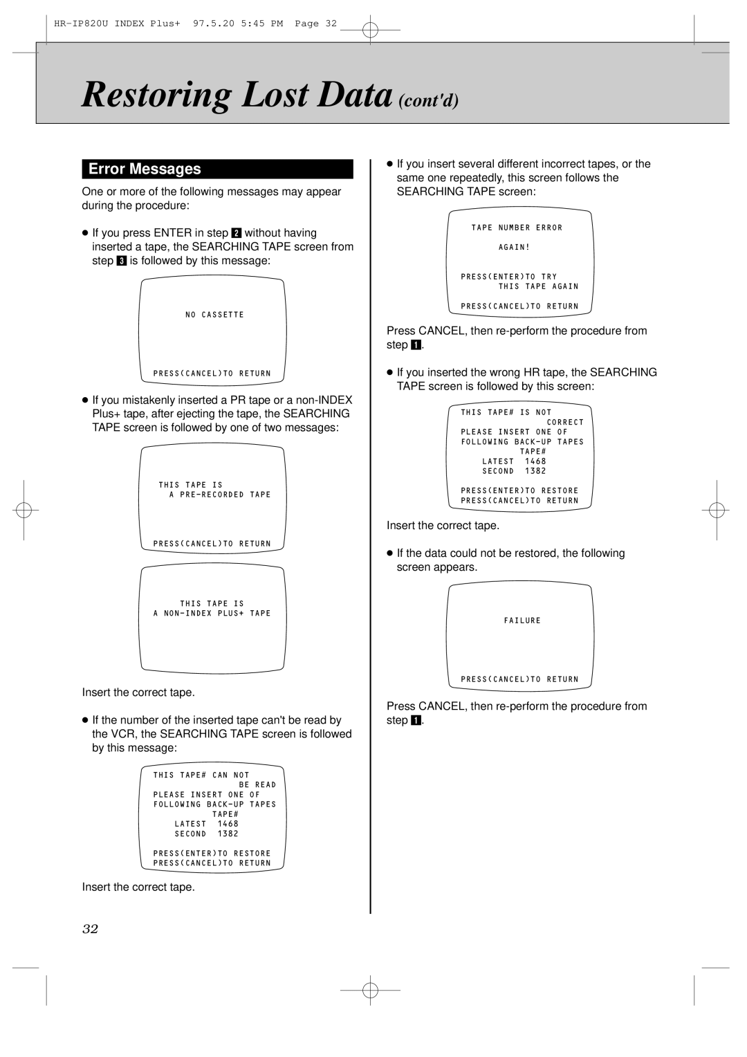 JVC HR-IP820U instruction manual Restoring Lost Data contd, Error Messages 