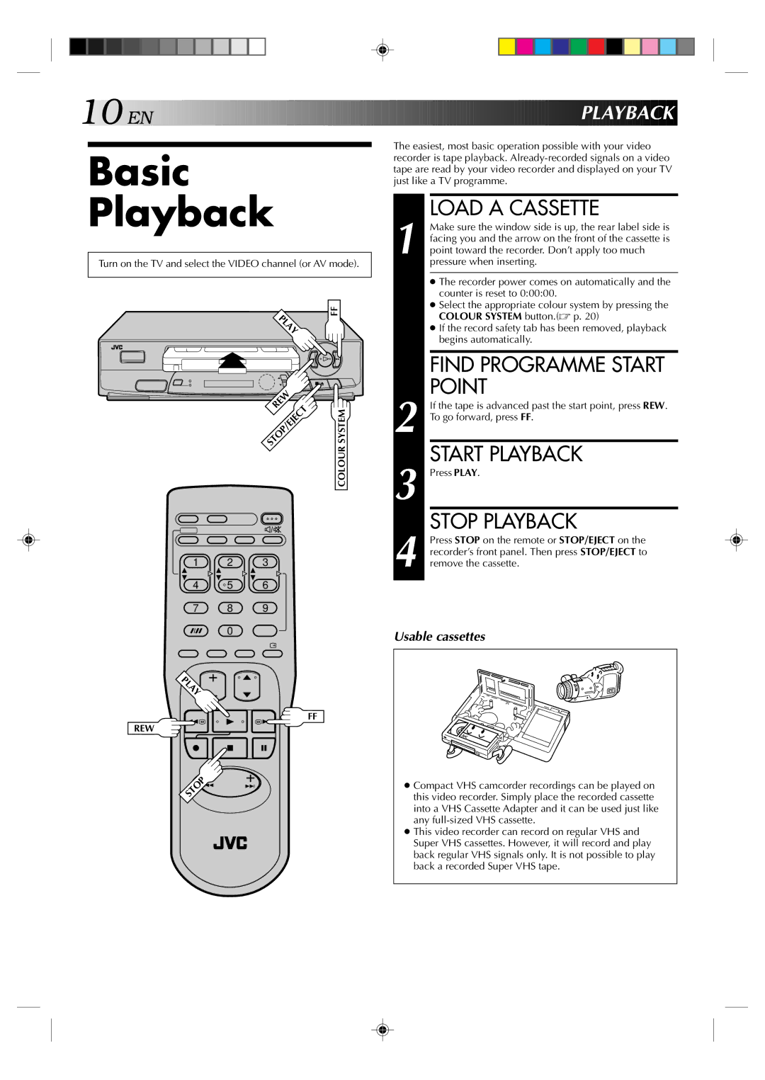 JVC HR-J231MS specifications Basic Playback, Load a Cassette, Point, Start Playback, Stop Playback 