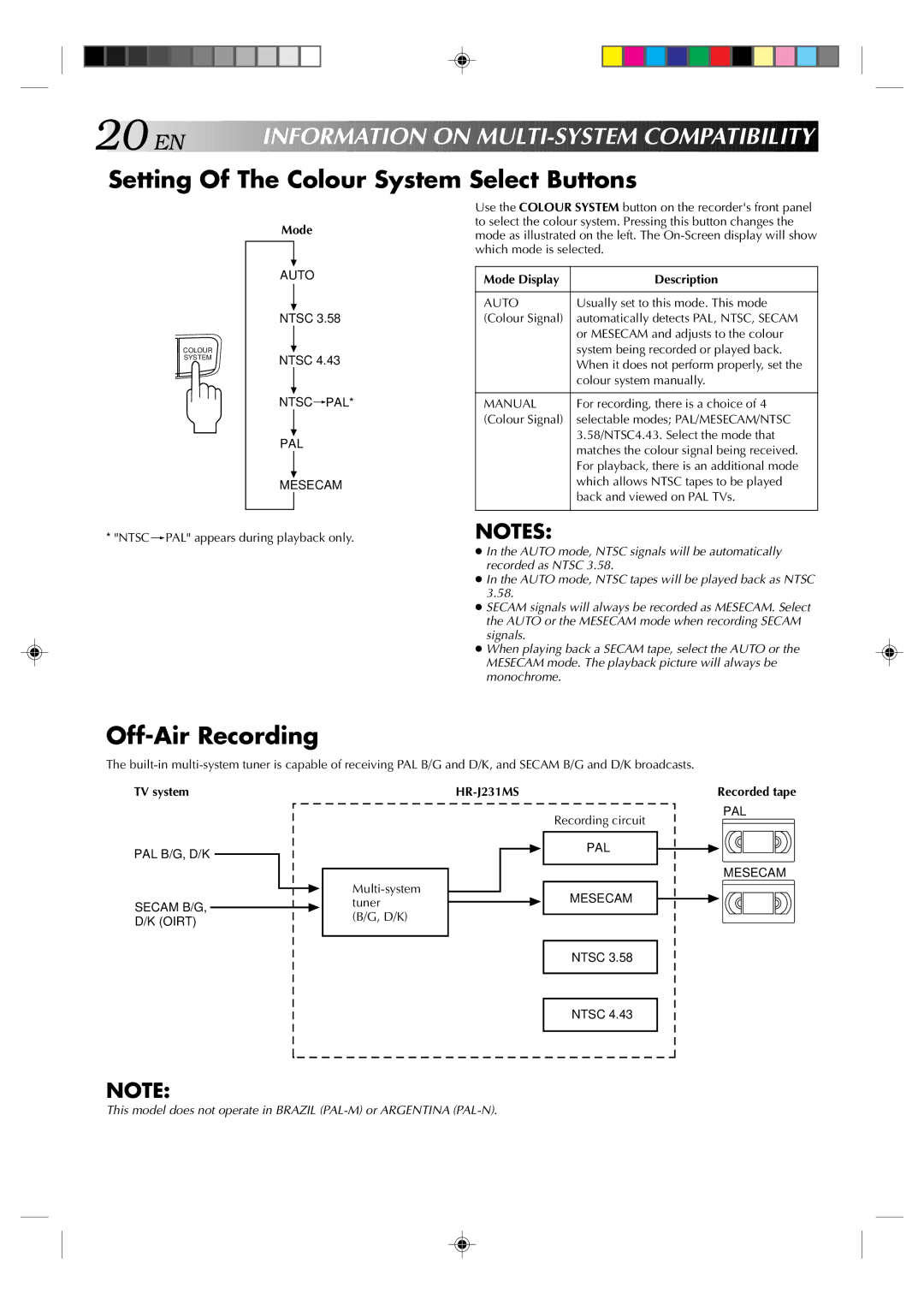 JVC HR-J231MS specifications Setting Of The Colour System Select Buttons, Off-Air Recording 