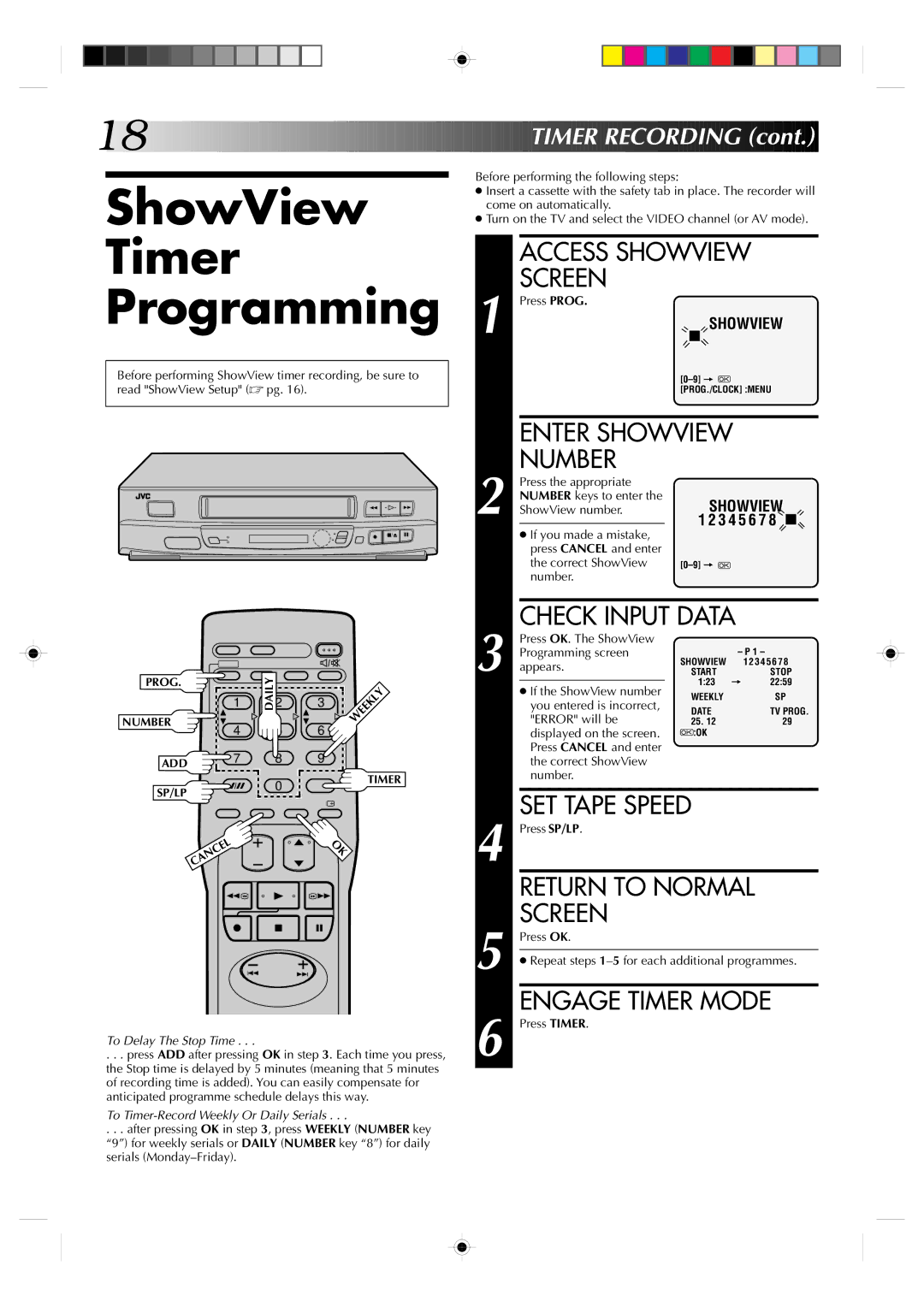 JVC HR-J231SA ShowView Timer Programming, Access Showview, Enter Showview, Check Input Data, Engage Timer Mode 