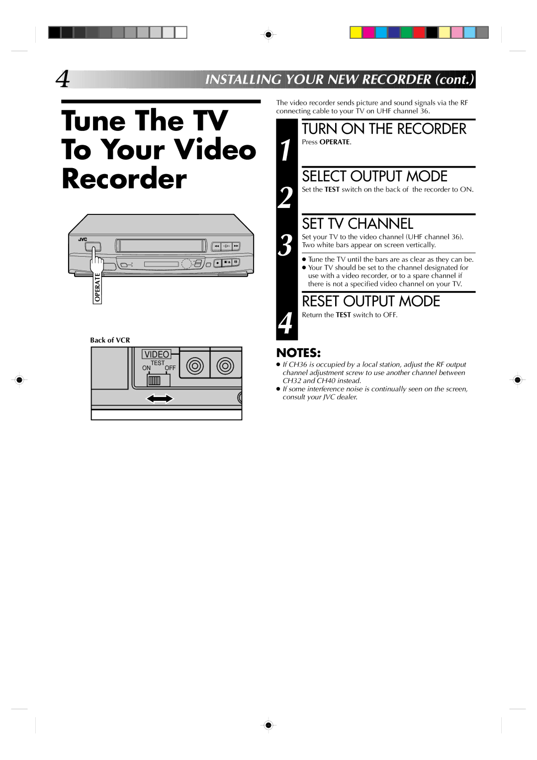 JVC HR-J231SA Tune The TV To Your Video Recorder, Select Output Mode, SET TV Channel, Reset Output Mode, Back of VCR 