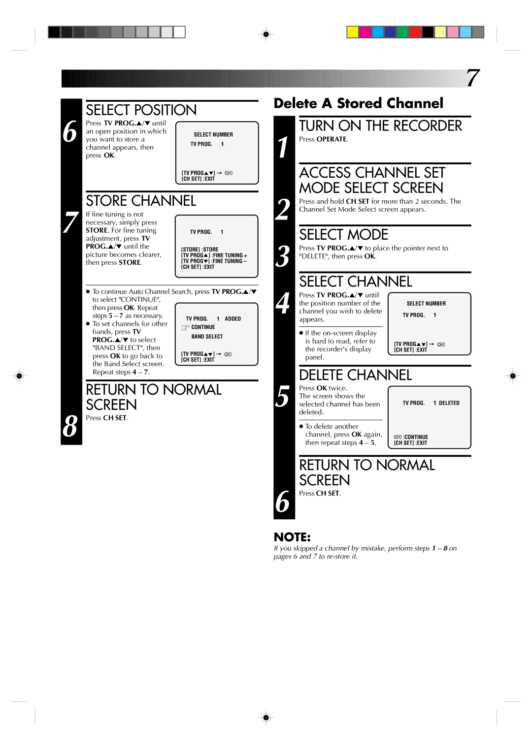 JVC HR-J231SA Select Position, Store Channel, Select Channel, Return to Normal Screen, Delete a Stored Channel 