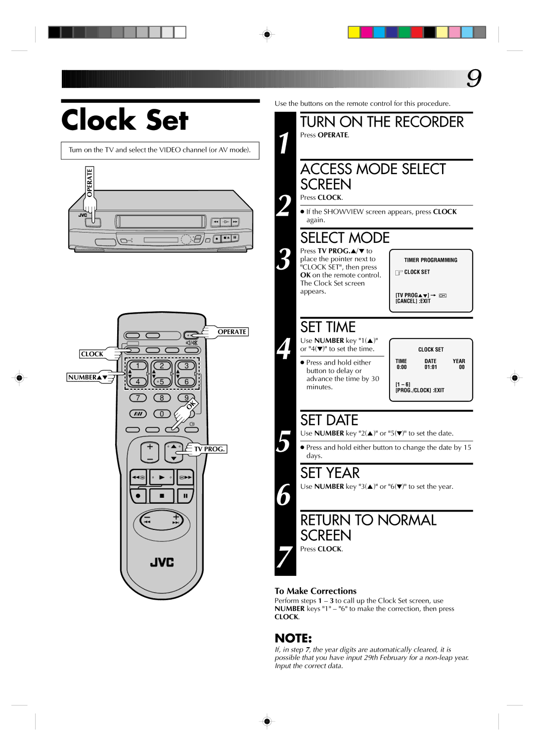 JVC HR-J231SA specifications Clock Set, SET Time, SET Date, SET Year 