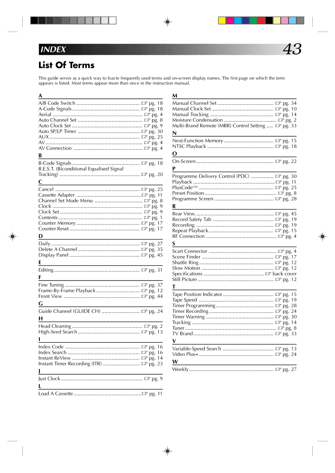 JVC HR-J235EK specifications Index, List Of Terms 