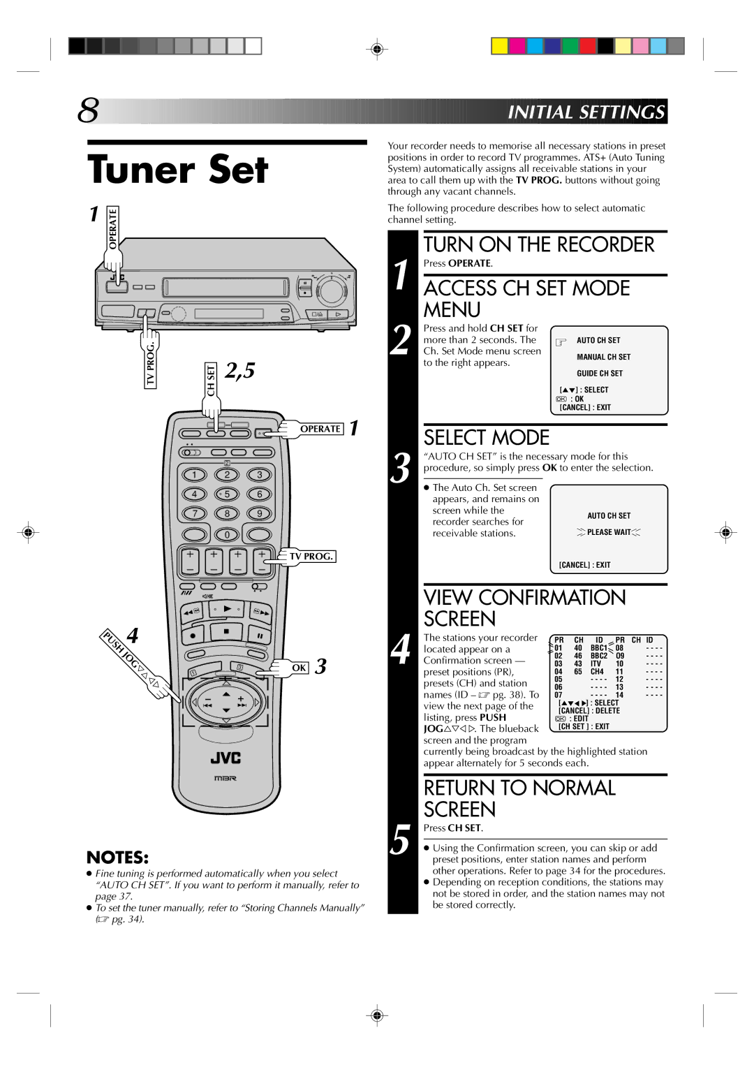 JVC HR-J235EK specifications Tuner Set, Turn on the Recorder, Nitial Sett Ings, Jog 