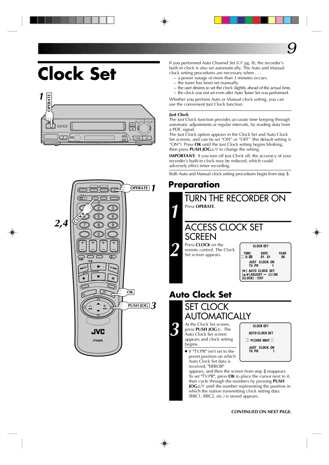 JVC HR-J235EK specifications Turn the Recorder on, SET Clock Automatically, Preparation, Auto Clock Set 