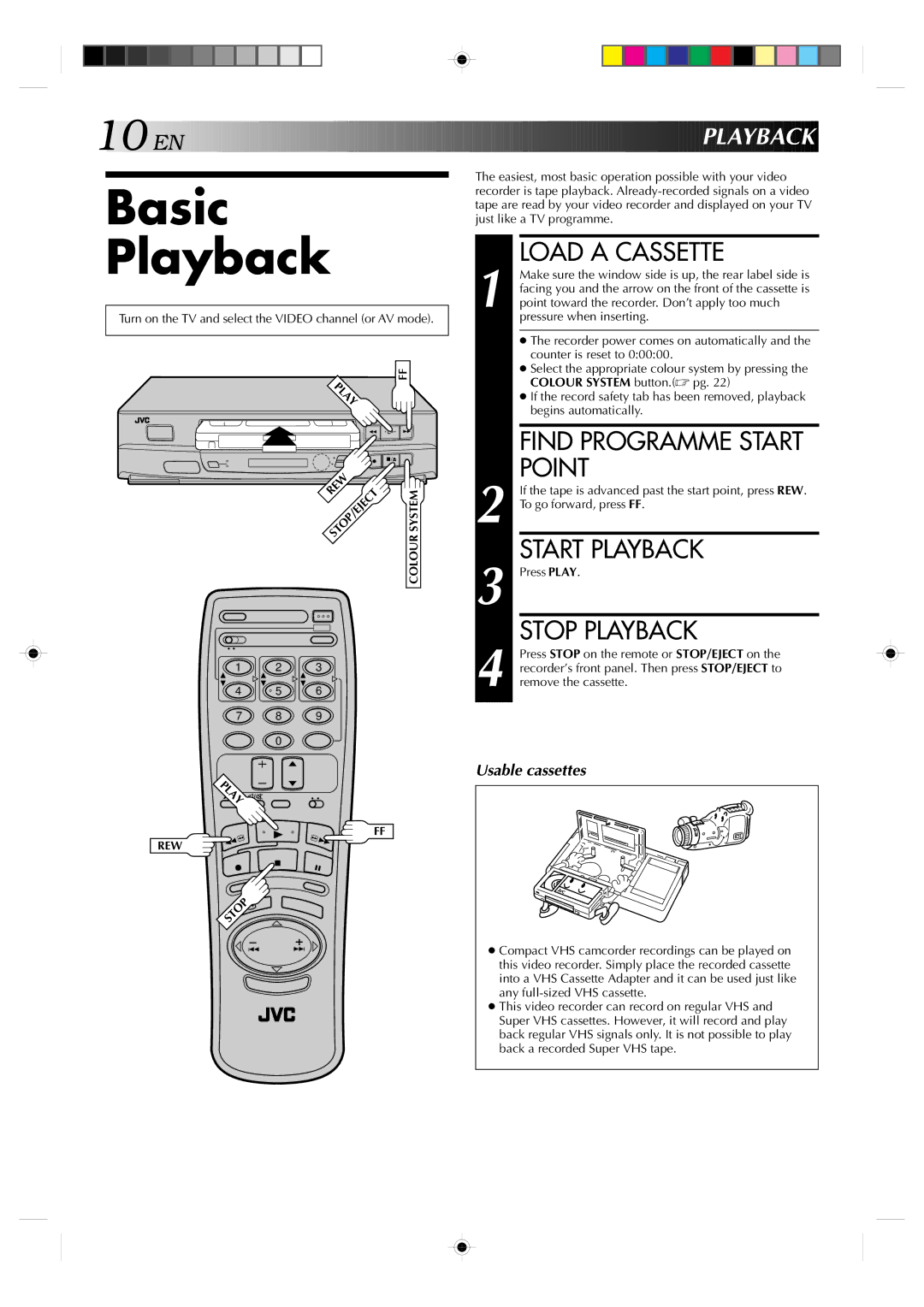 JVC HR-J239EE manual Basic Playback, Load a Cassette, Point, Start Playback, Stop Playback 