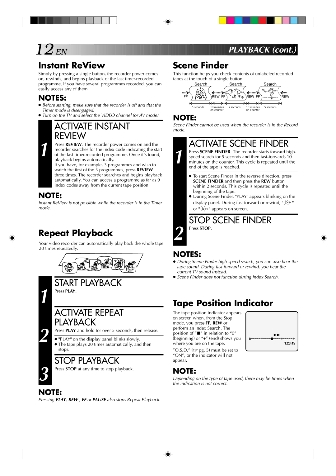 JVC HR-J239EE manual Activate Instant Review, Activate Repeat, Activate Scene Finder, Stop Scene Finder, EN Playback 