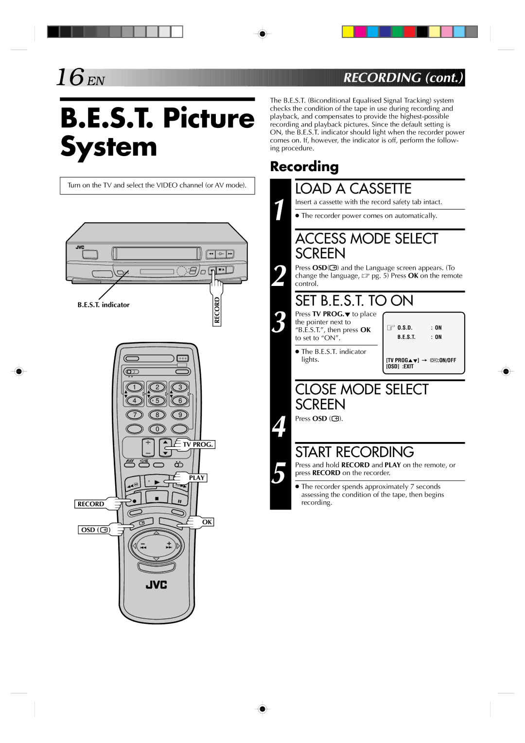 JVC HR-J239EE manual S.T. Picture System, Access Mode Select, SET B.E.S.T. to on, Close Mode Select Screen, EN Recording 