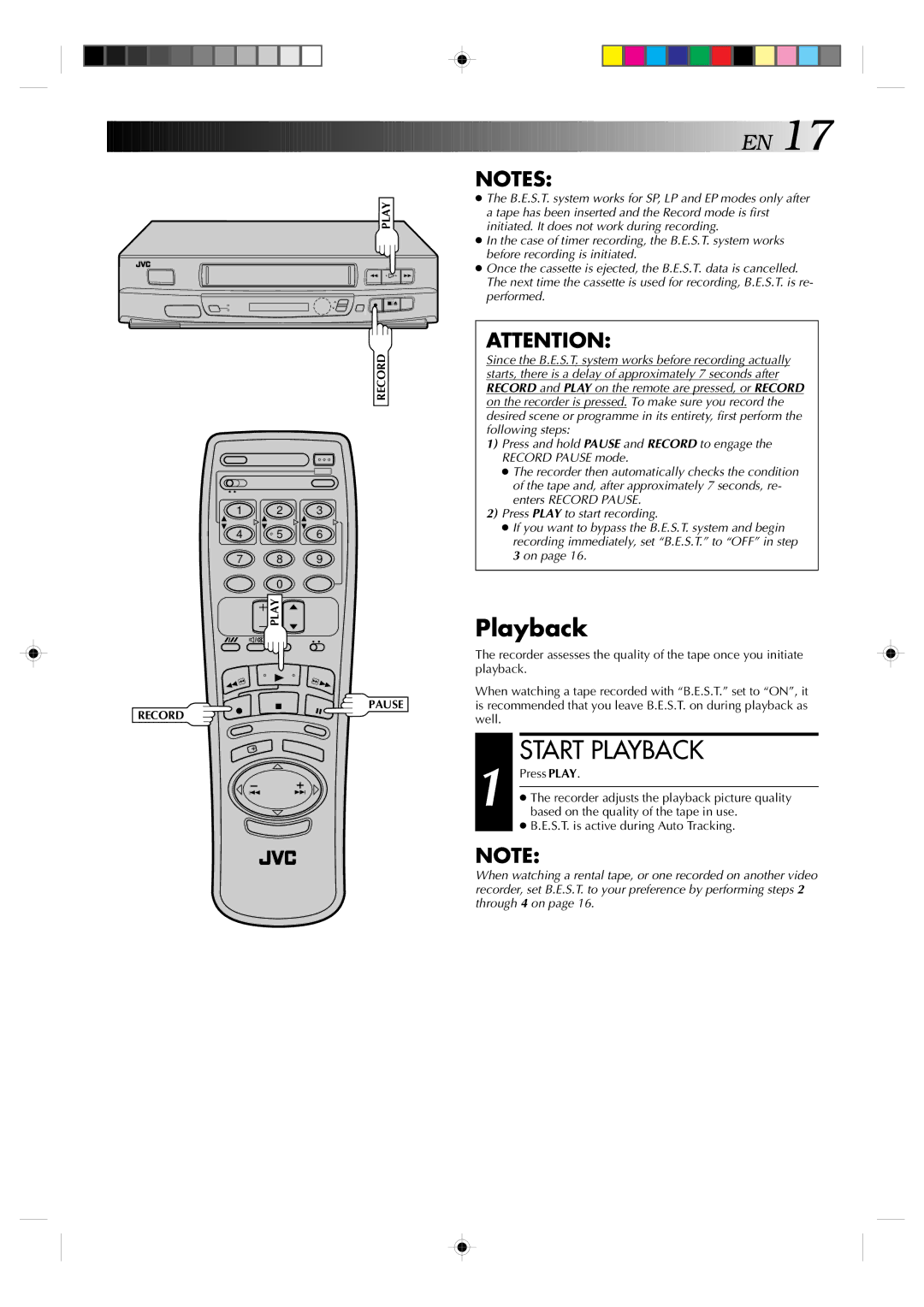 JVC HR-J239EE manual Playback, Recorder adjusts the playback picture quality, Based on the quality of the tape in use 