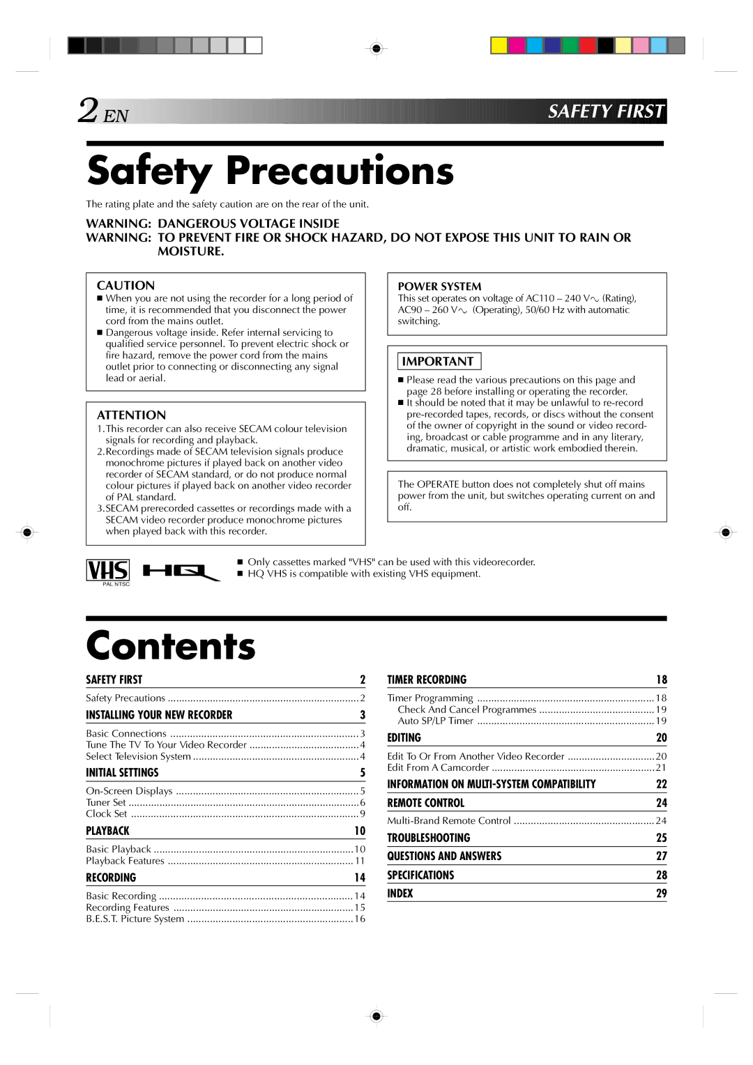 JVC HR-J239EE manual Safety Precautions, Contents 