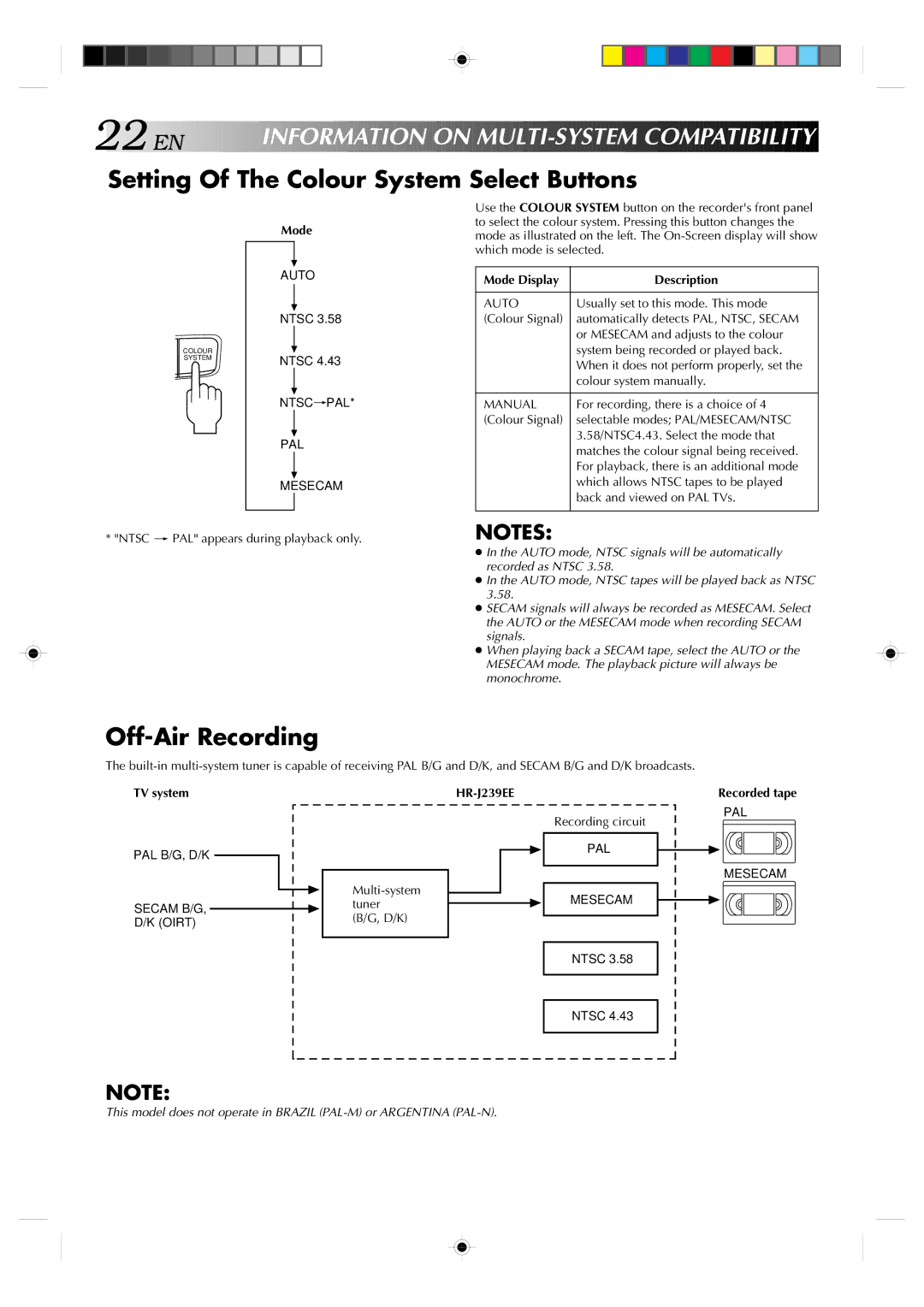 JVC HR-J239EE manual Setting Of The Colour System Select Buttons, Off-Air Recording 