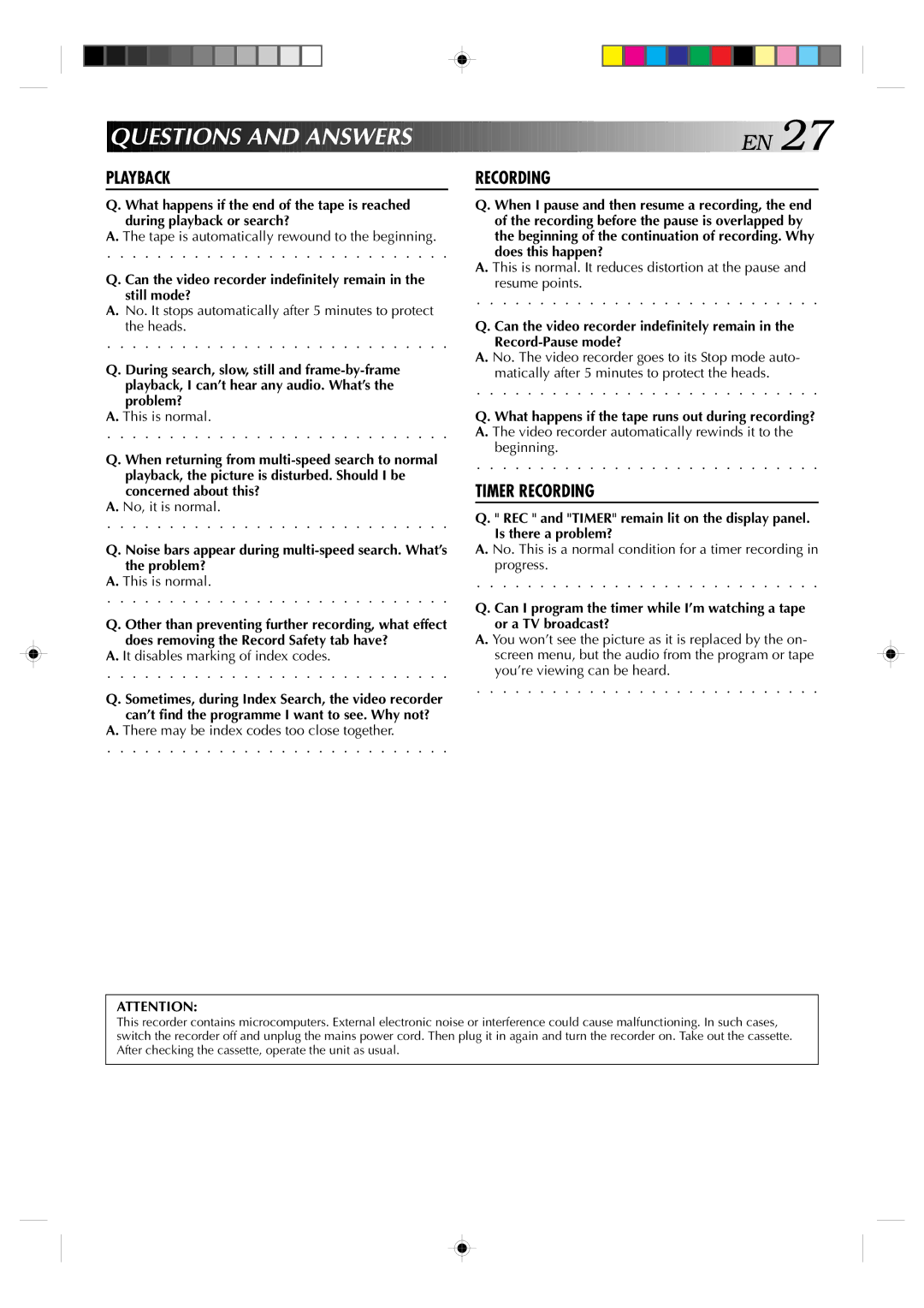 JVC HR-J239EE manual Questions and Answer S, Playback Recording 