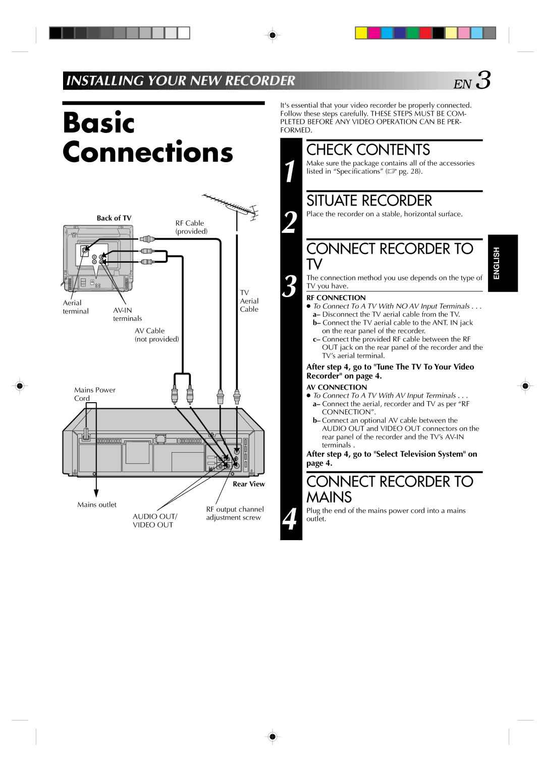 JVC HR-J239EE manual Basic Connections, Check Contents, Situate Recorder, Connect Recorder to Mains 