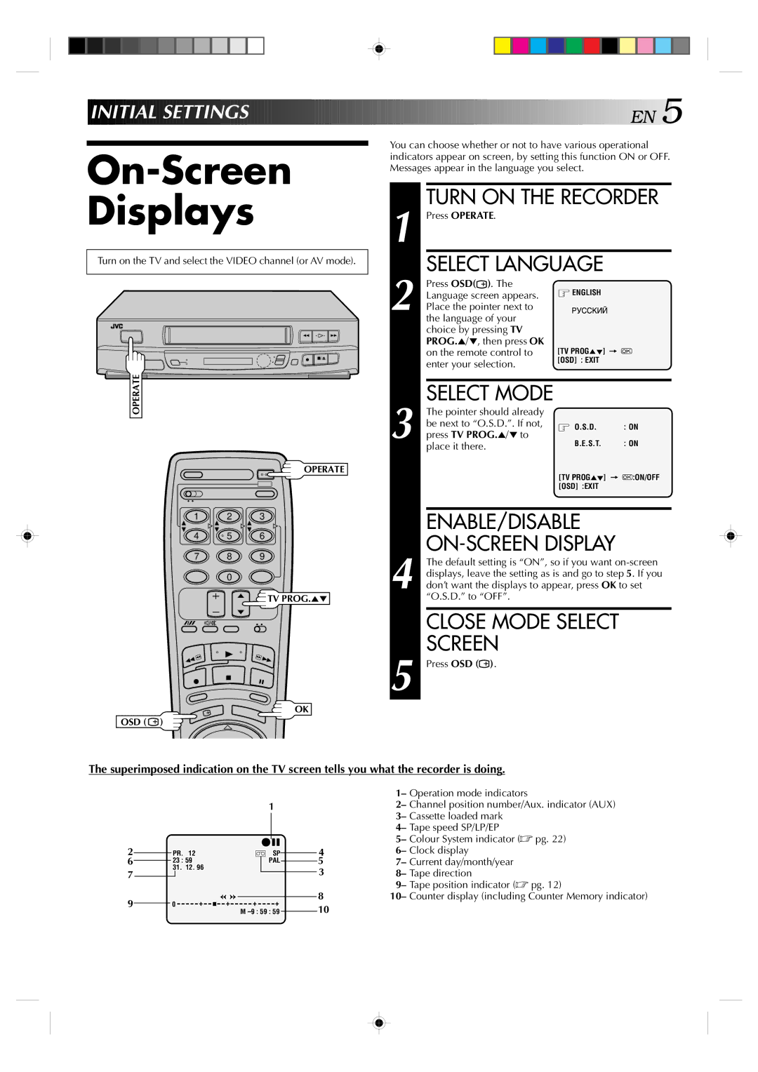 JVC HR-J239EE manual On-Screen Displays, Turn on the Recorder, Select Language, Enable/Disable 