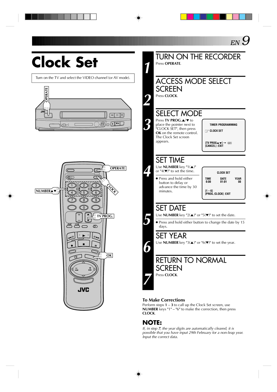 JVC HR-J239EE manual Clock Set, SET Time, SET Date, SET Year 