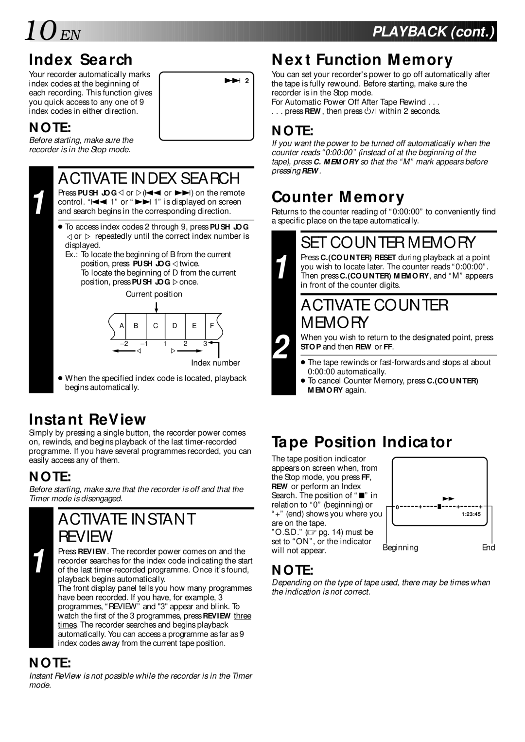 JVC HR-J240E specifications Activate Index Search, SET Counter Memory, Activate Counter, Activate Instant Review 