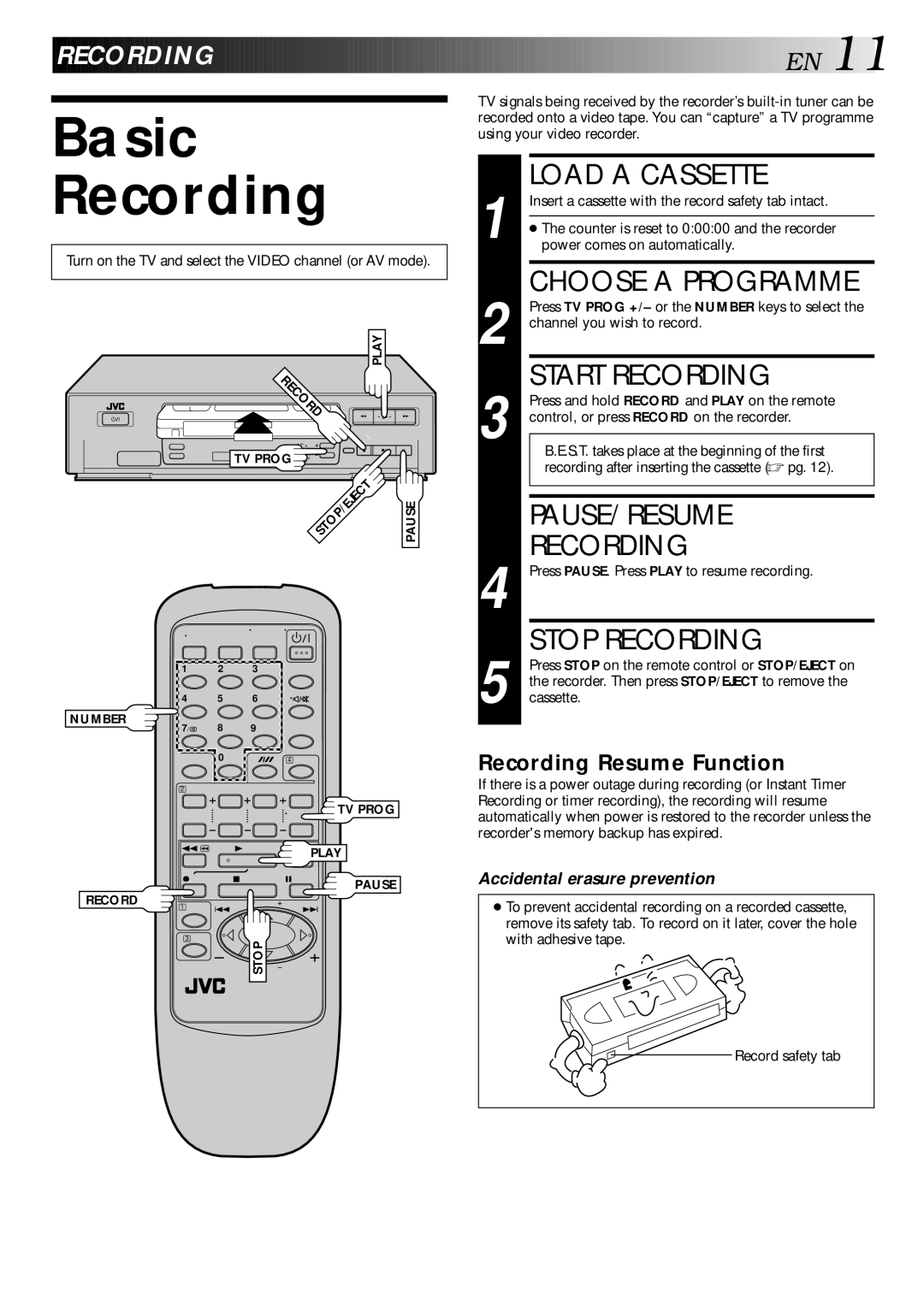 JVC HR-J240E specifications Basic Recording 