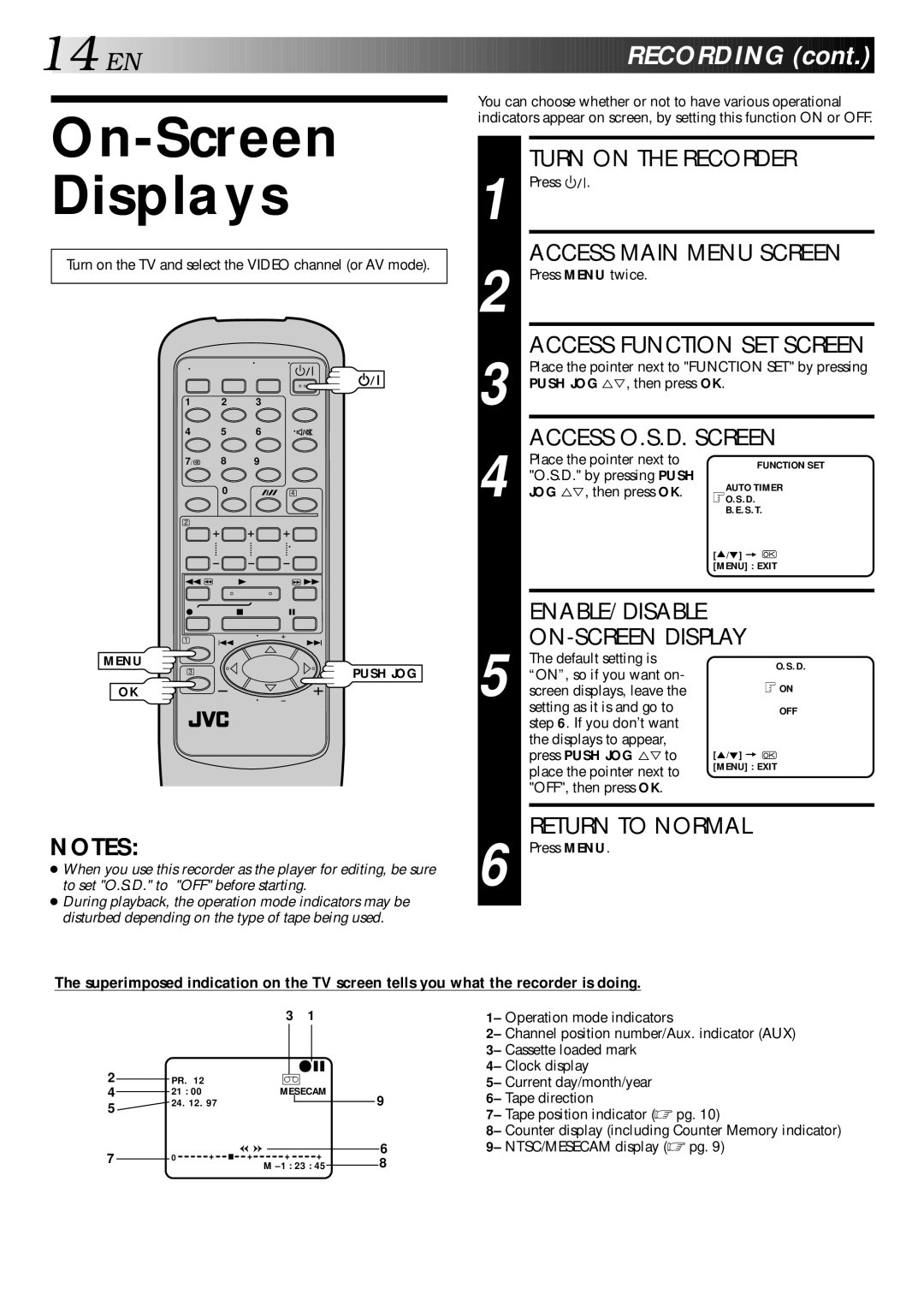 JVC HR-J240E specifications On-Screen Displays, Access O.S.D. Screen 