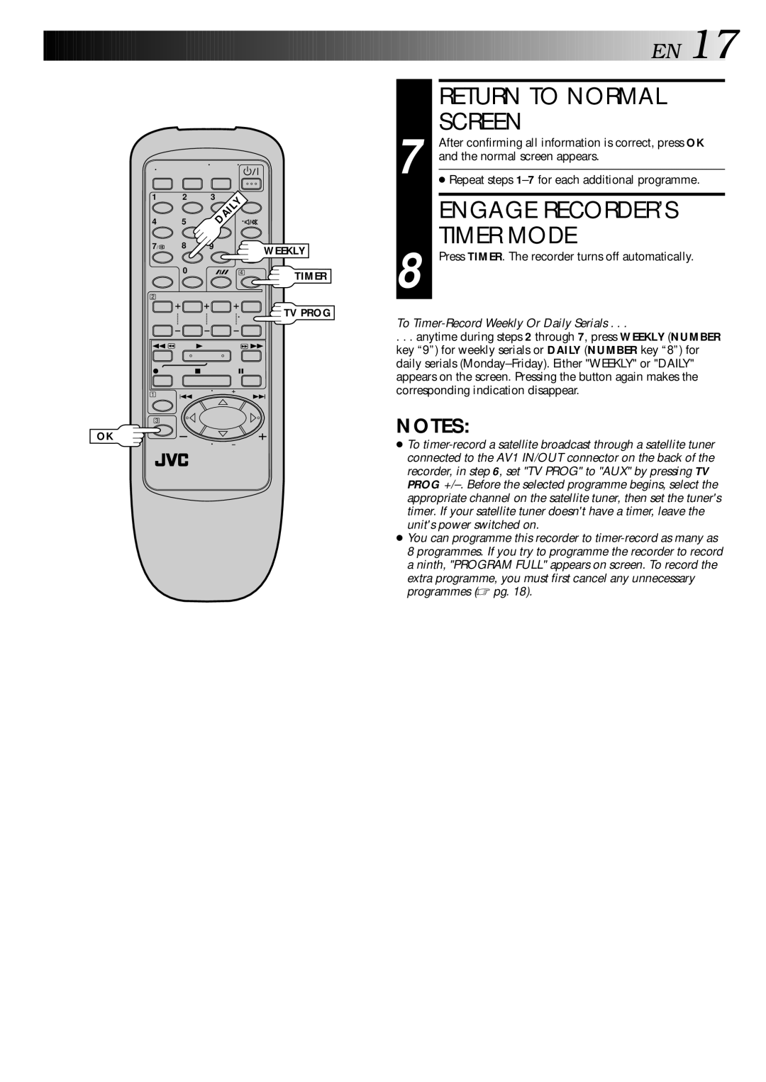 JVC HR-J240E specifications Return to Normal Screen, Engage RECORDER’S Timer Mode 