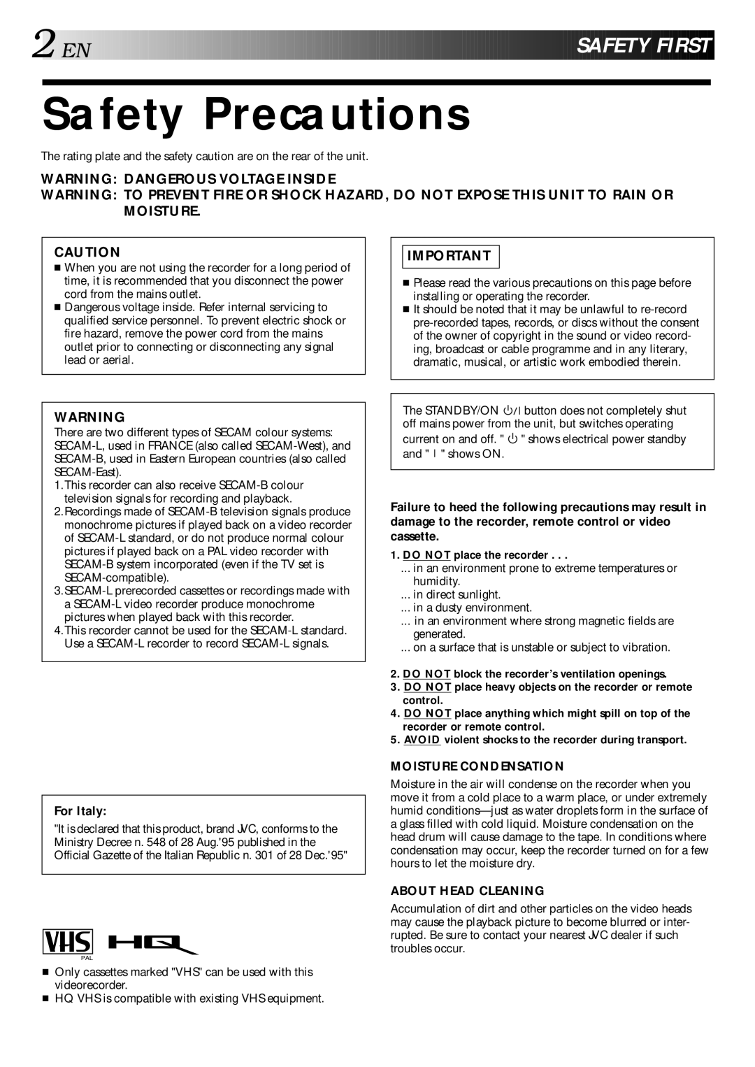 JVC HR-J240E specifications Safety Precautions, Do not place the recorder 