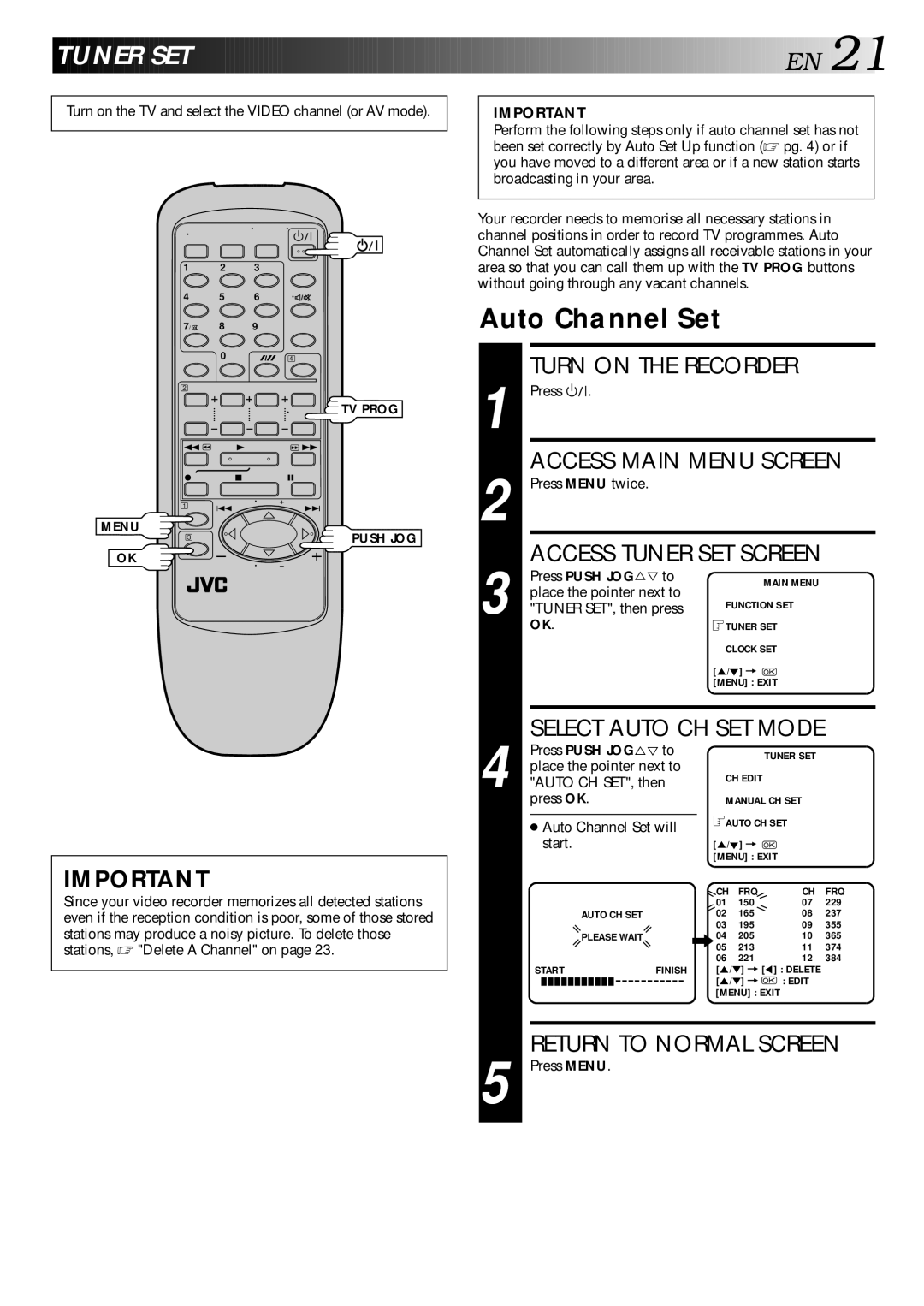 JVC HR-J240E specifications Access Tuner SET Screen, Select Auto CH SET Mode 