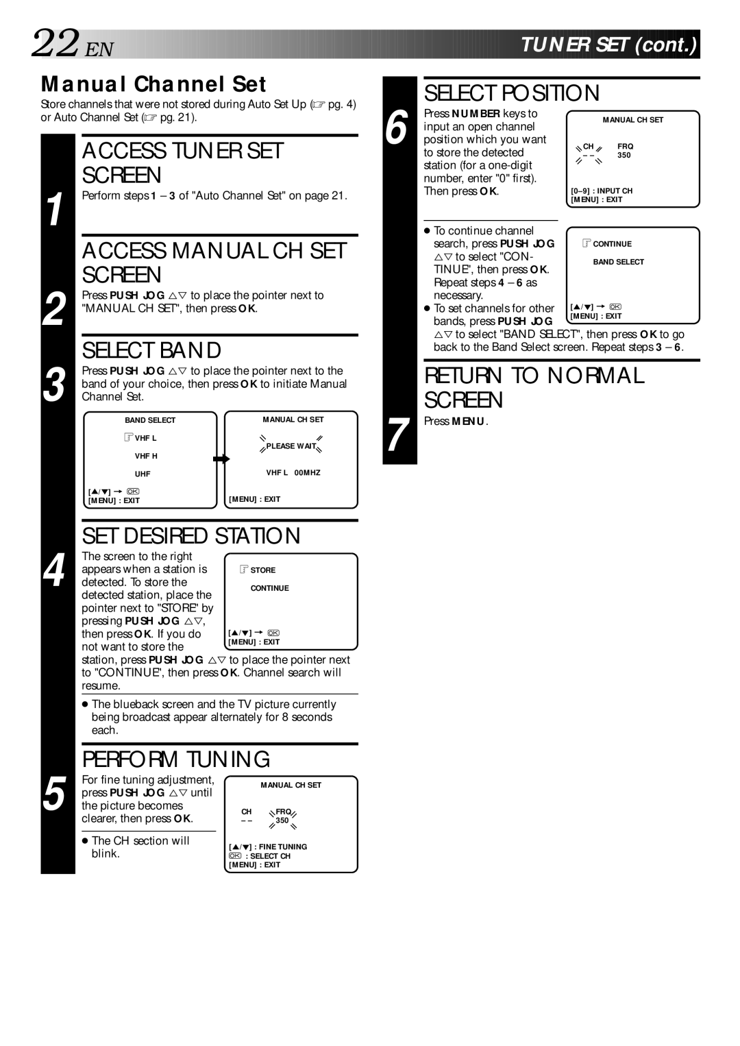 JVC HR-J240E specifications Select Position, Access Tuner SET, Access Manual CH SET, SET Desired Station, EN Tuner SET 