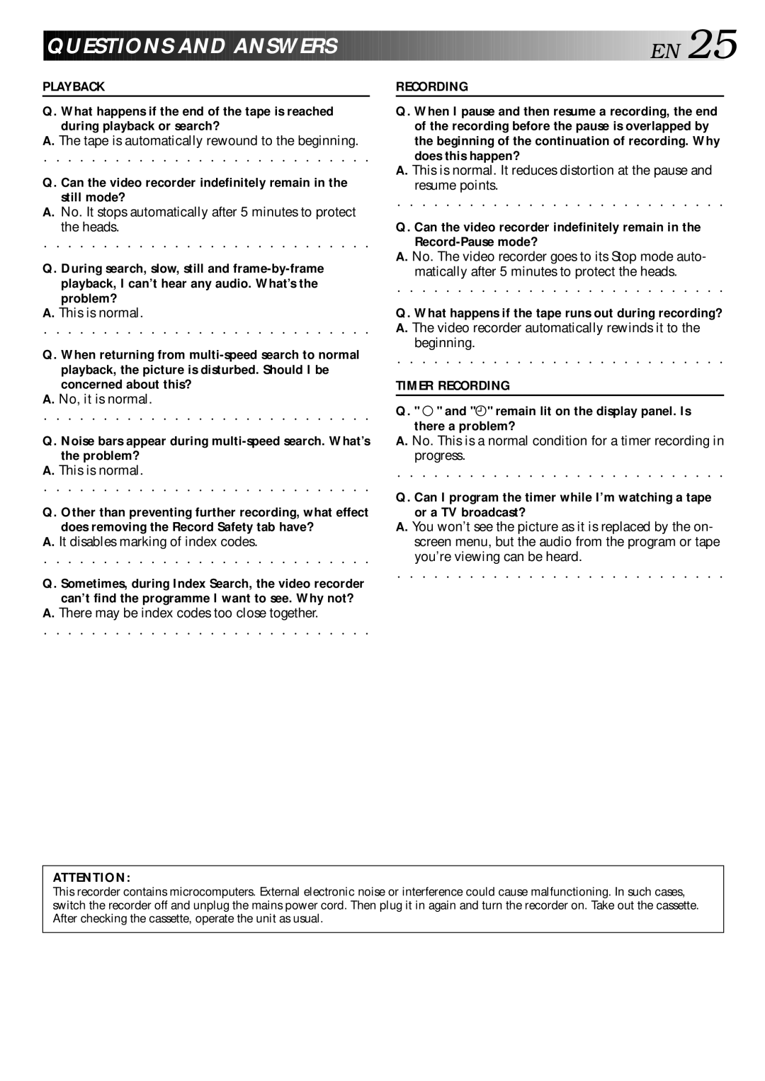 JVC HR-J240E specifications Questions and Answer S E N, Playback Recording 