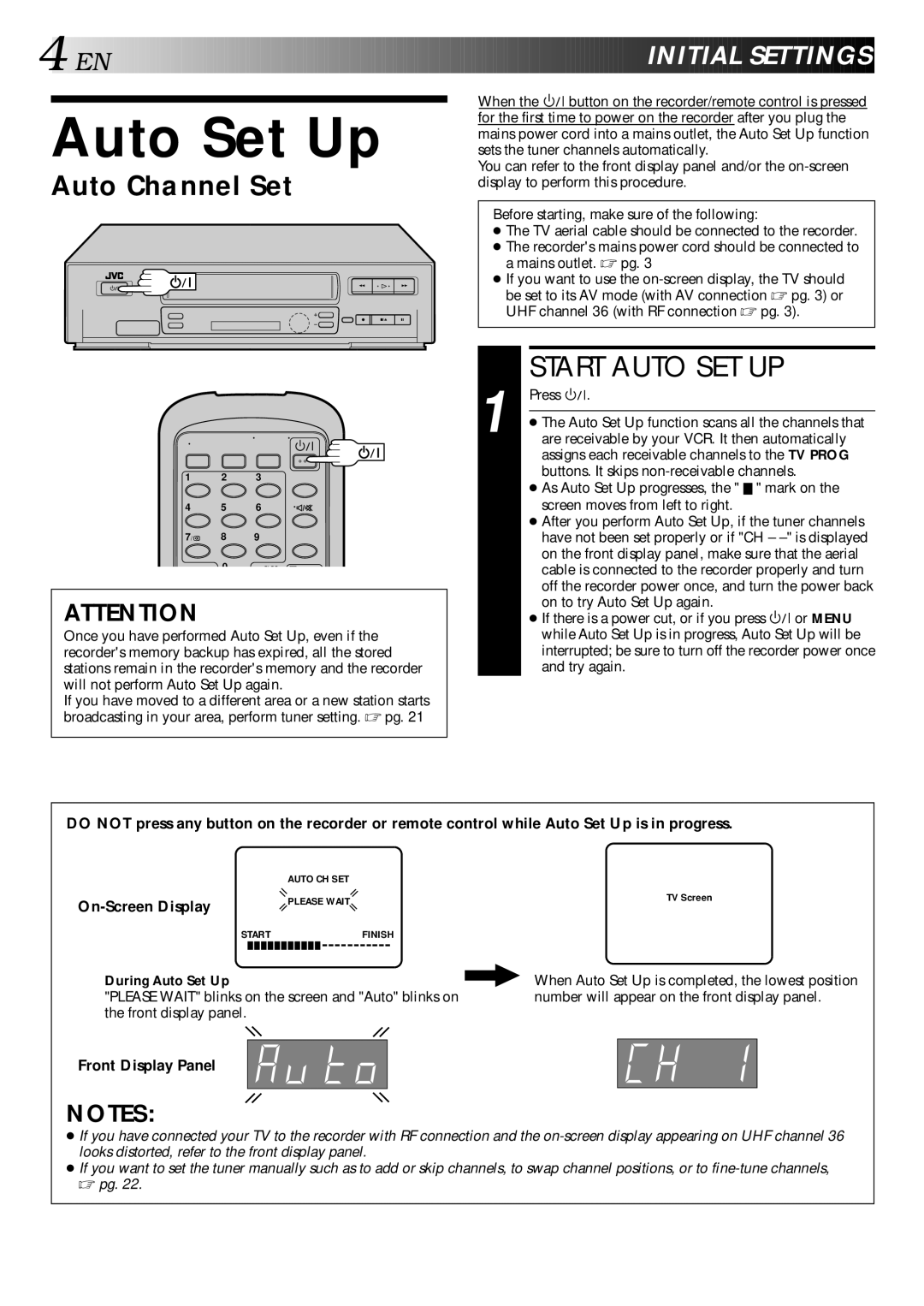 JVC HR-J240E specifications Auto Set Up, Start Auto SET UP, Nitial Sett Ings, Auto Channel Set 